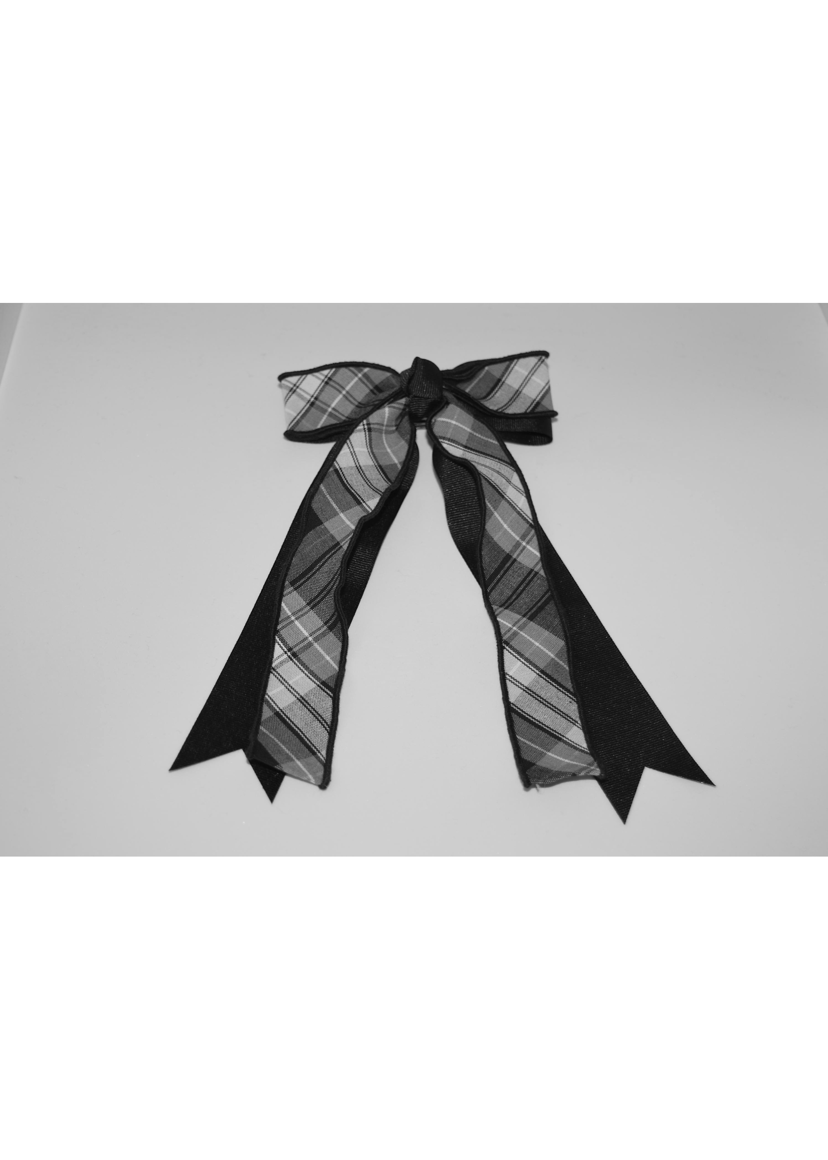 Large 2-layered plaid & grosgrain ribbon bow w/tails PKN WHT