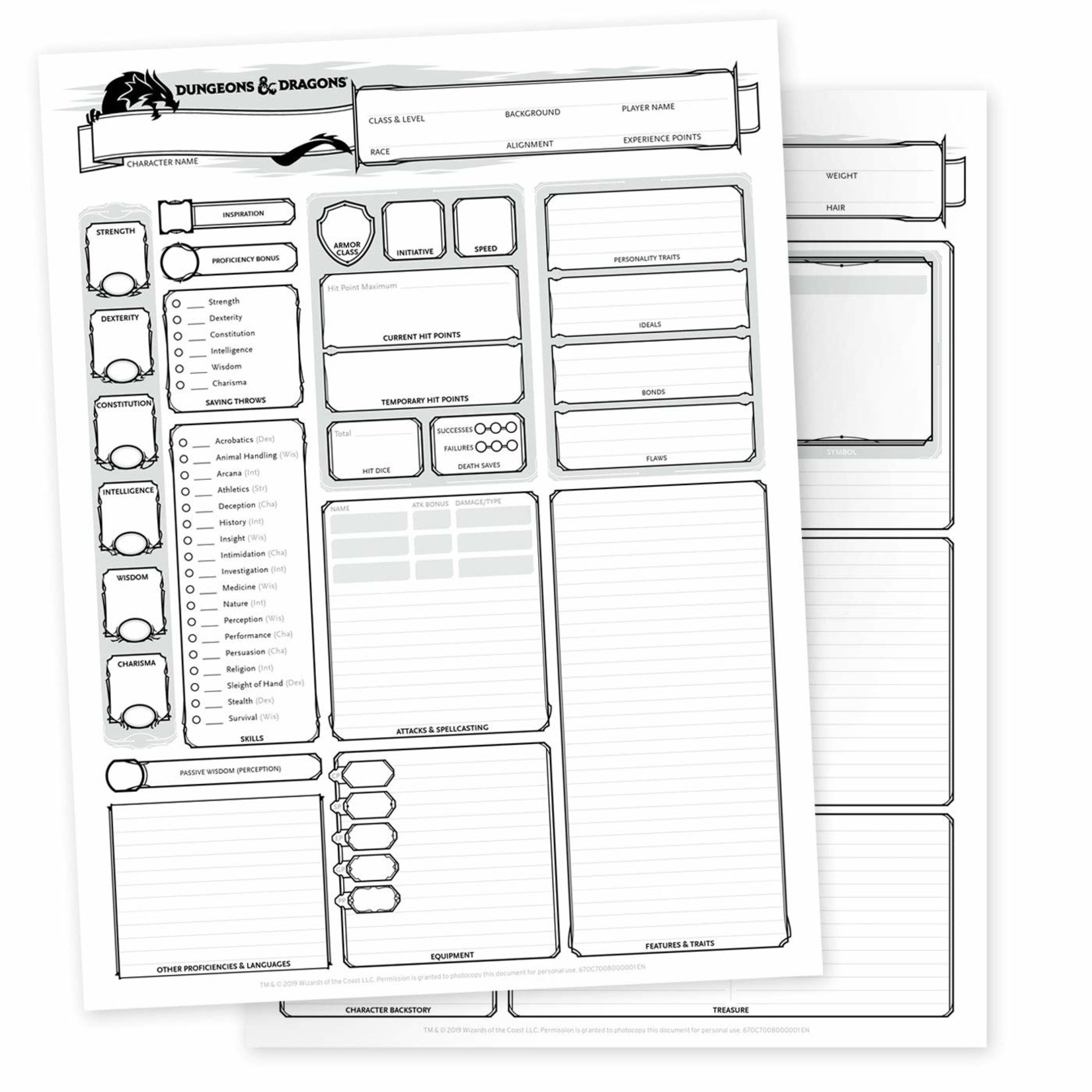 Wizards of the Coast Dungeons and Dragons Character Sheets