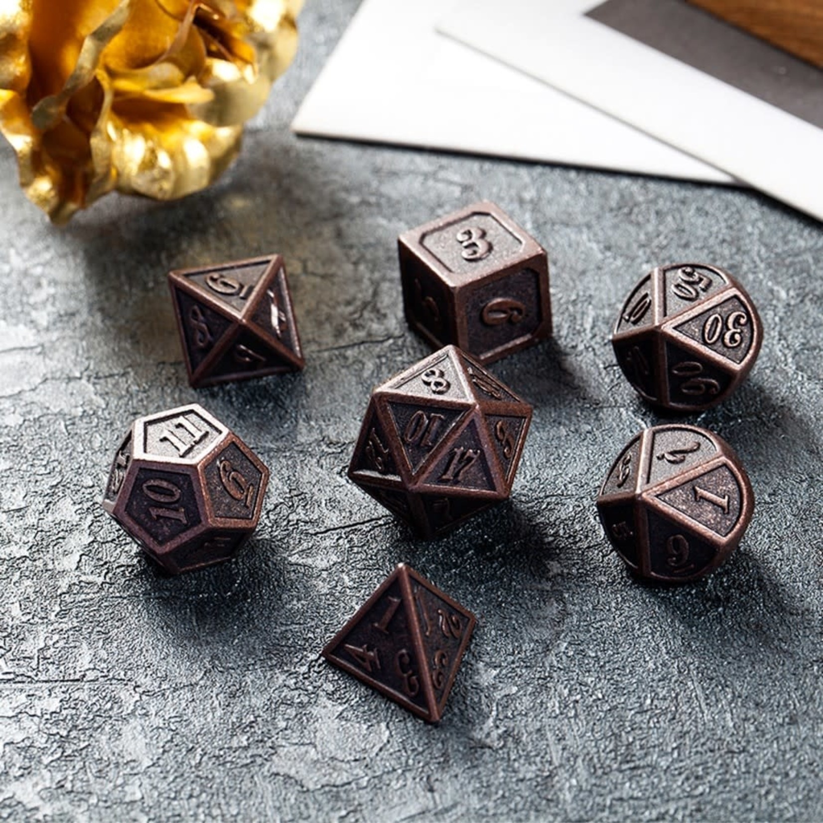 Dice Habit Ancient Copper Metal Polyhedral 7 die set