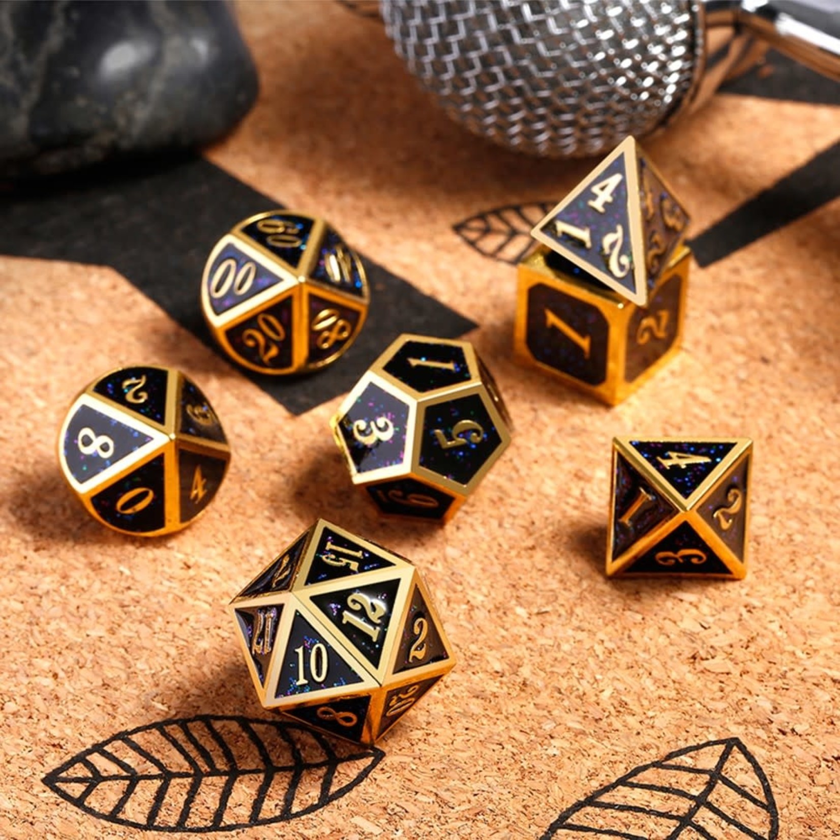 Dice Habit Galaxy Black Speckle with Gold Metal Polyhedral 7 die set