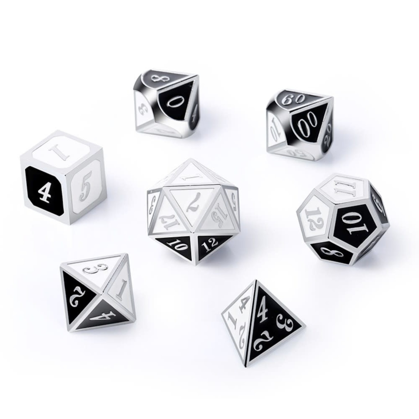 Dice Habit Panda Black / White with Silver Metal Polyhedral 7 die set