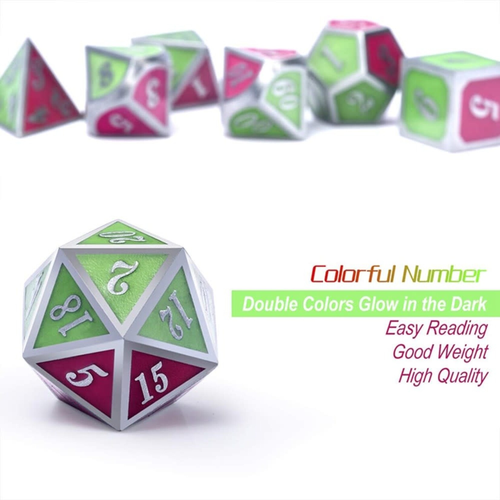 Dice Habit Glow in the Dark Watermelon Pink / Green with Silver Metal Polyhedral 7 die set