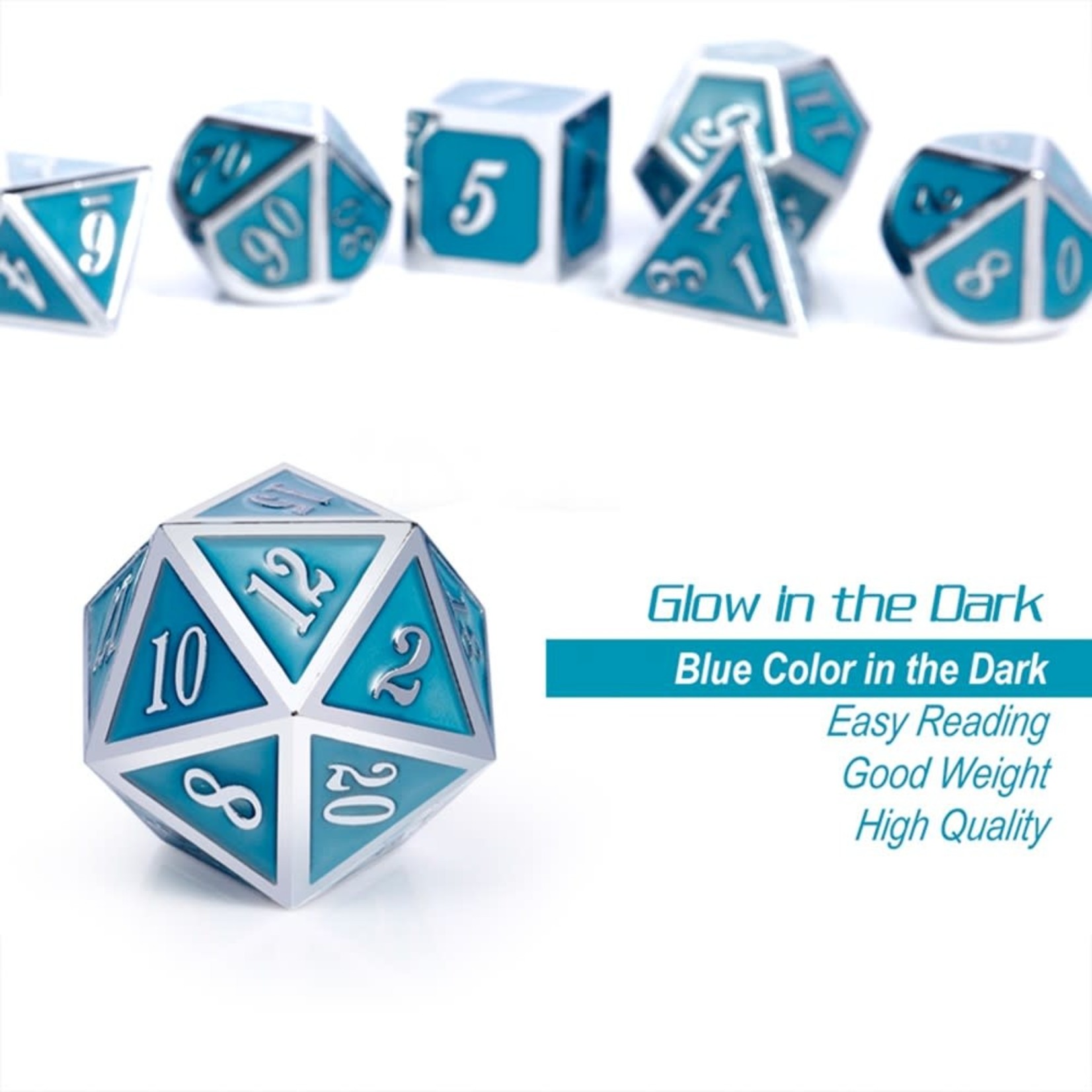 Dice Habit Glow in the Dark Blue with Silver Metal Polyhedral 7 die set