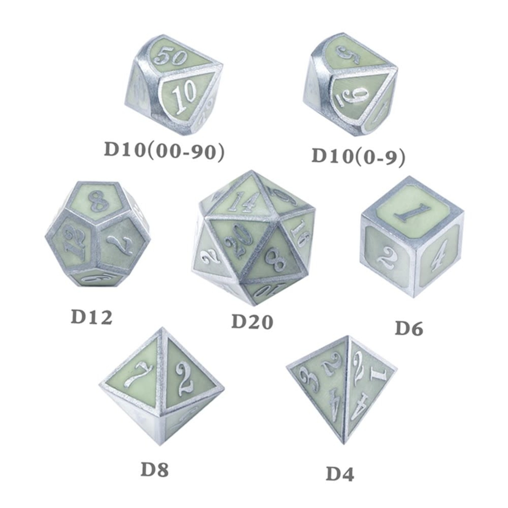 Dice Habit Glow in the Dark Green with Silver Metal Polyhedral 7 die set