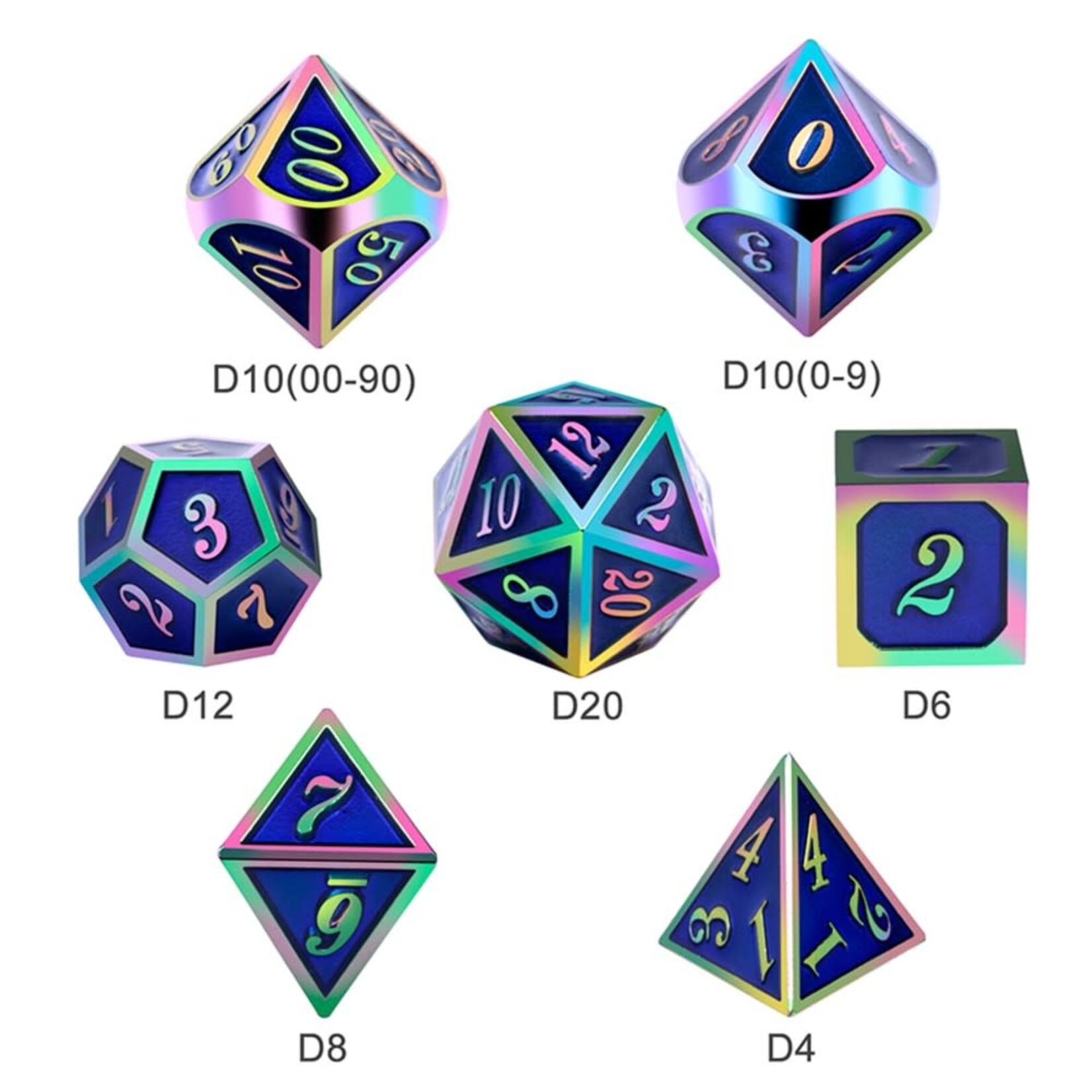 Dice Habit Royal Blue with Rainbow Metal Polyhedral 7 die set