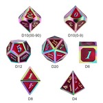 Dice Habit Red with Rainbow Metal Polyhedral 7 die set