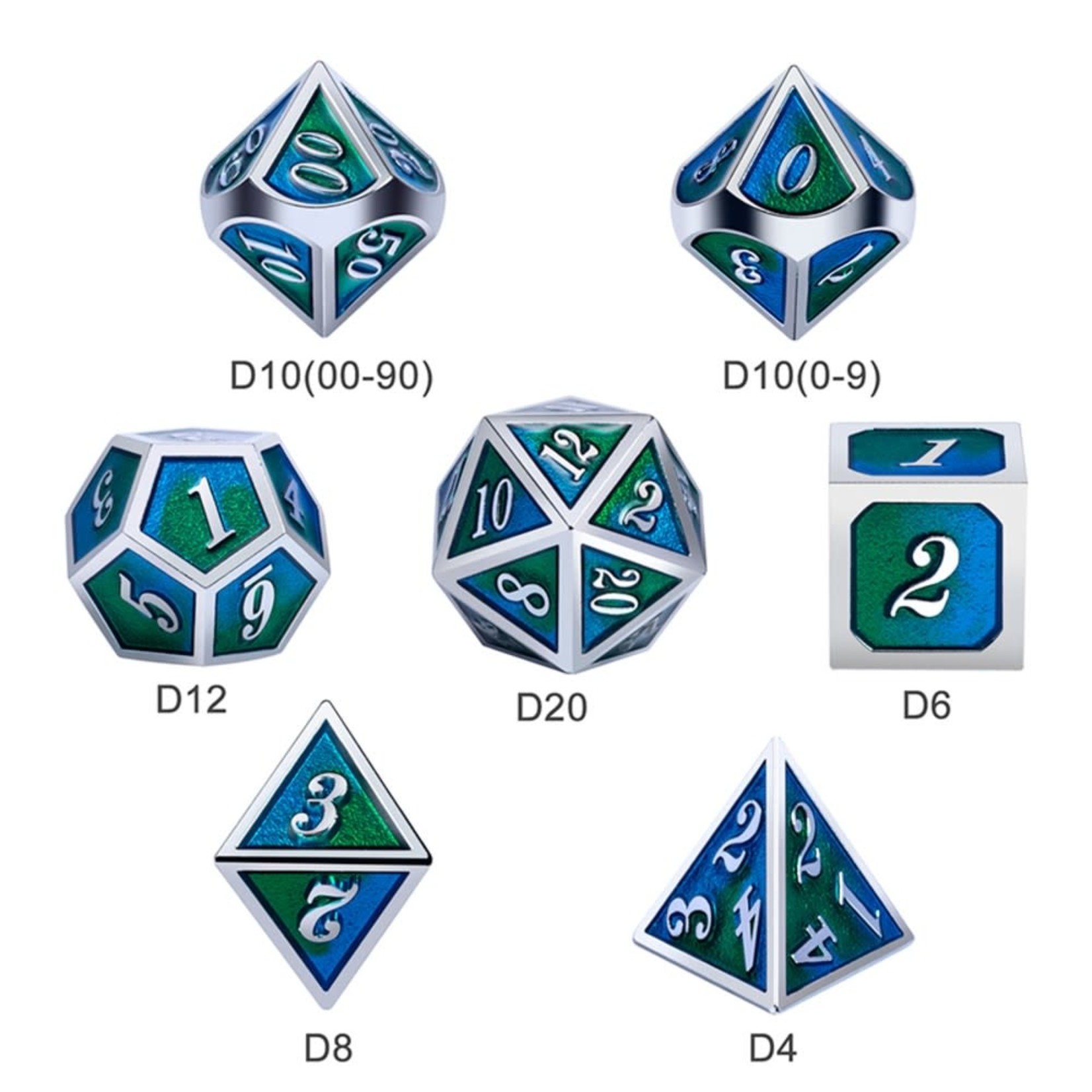 Dice Habit Earth Blue / Green with Silver Metal Polyhedral 7 die set