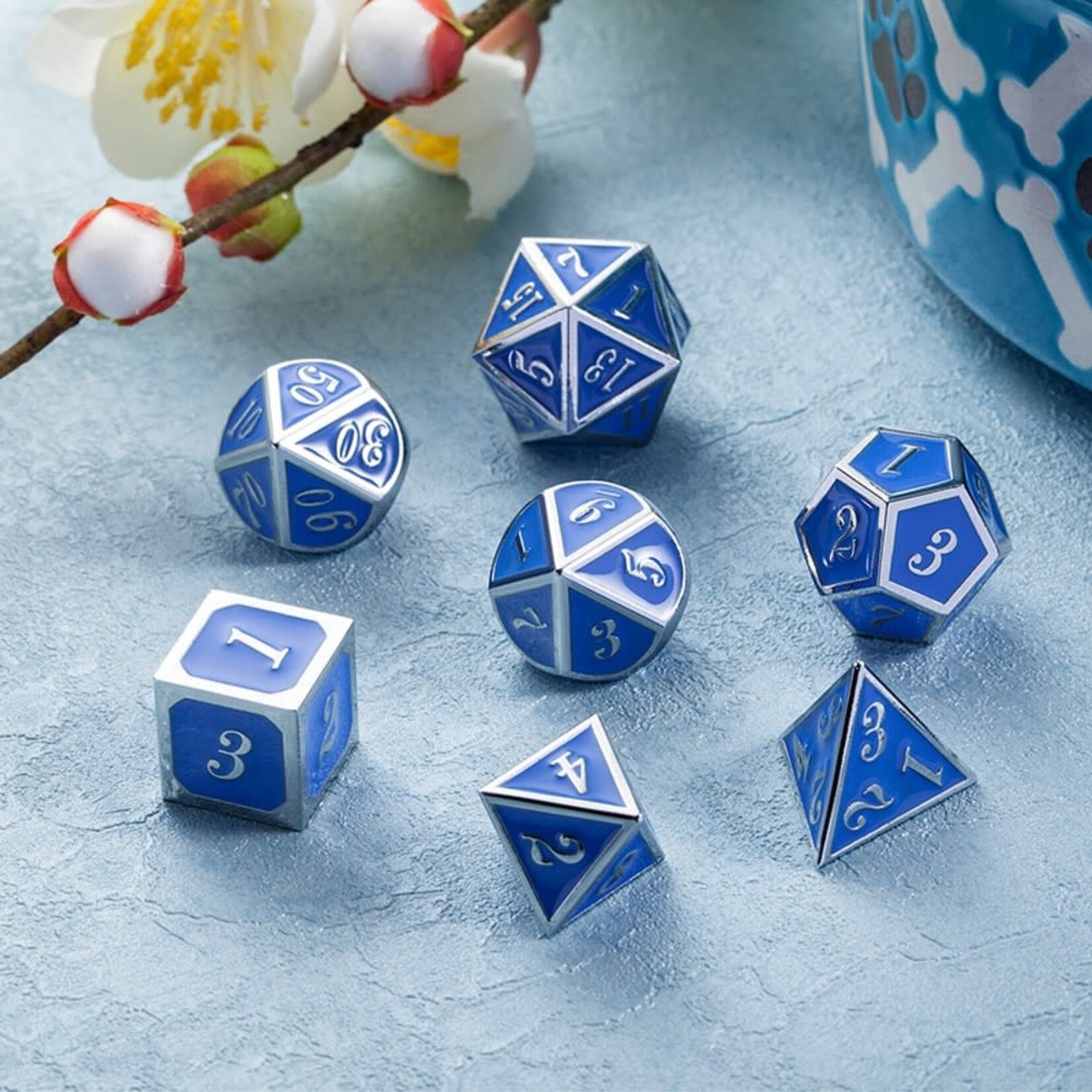 Dice Habit Azure Blue with Silver Metal Polyhedral 7 die set