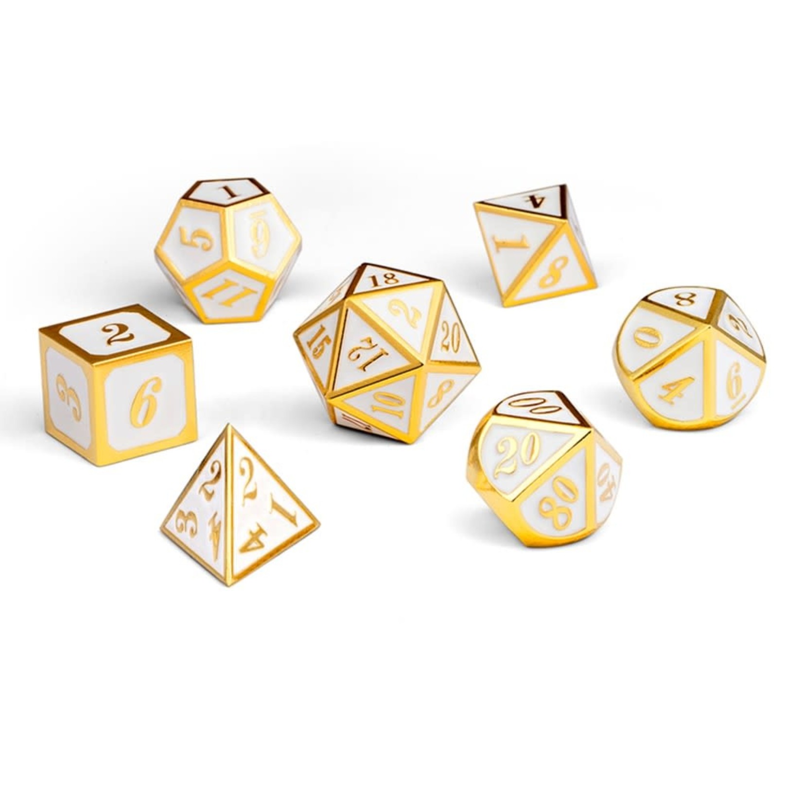 Dice Habit White with Gold Metal Polyhedral 7 die set