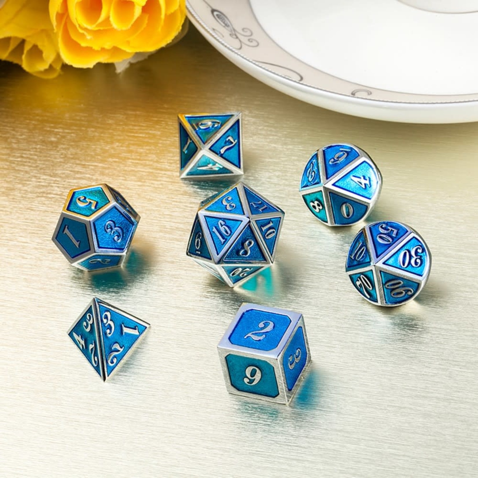 Dice Habit Cyan Blue with Silver Metal Polyhedral 7 die set