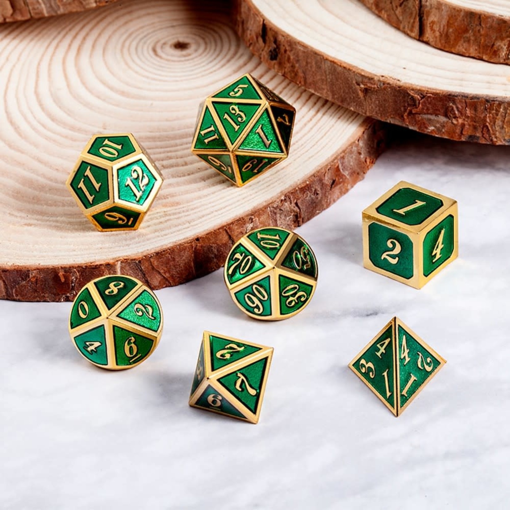 Dice Habit Green with Gold Metal Polyhedral 7 die set