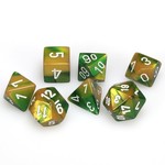 Chessex Chessex Gemini Gold / Green with White Polyhedral 7 die set