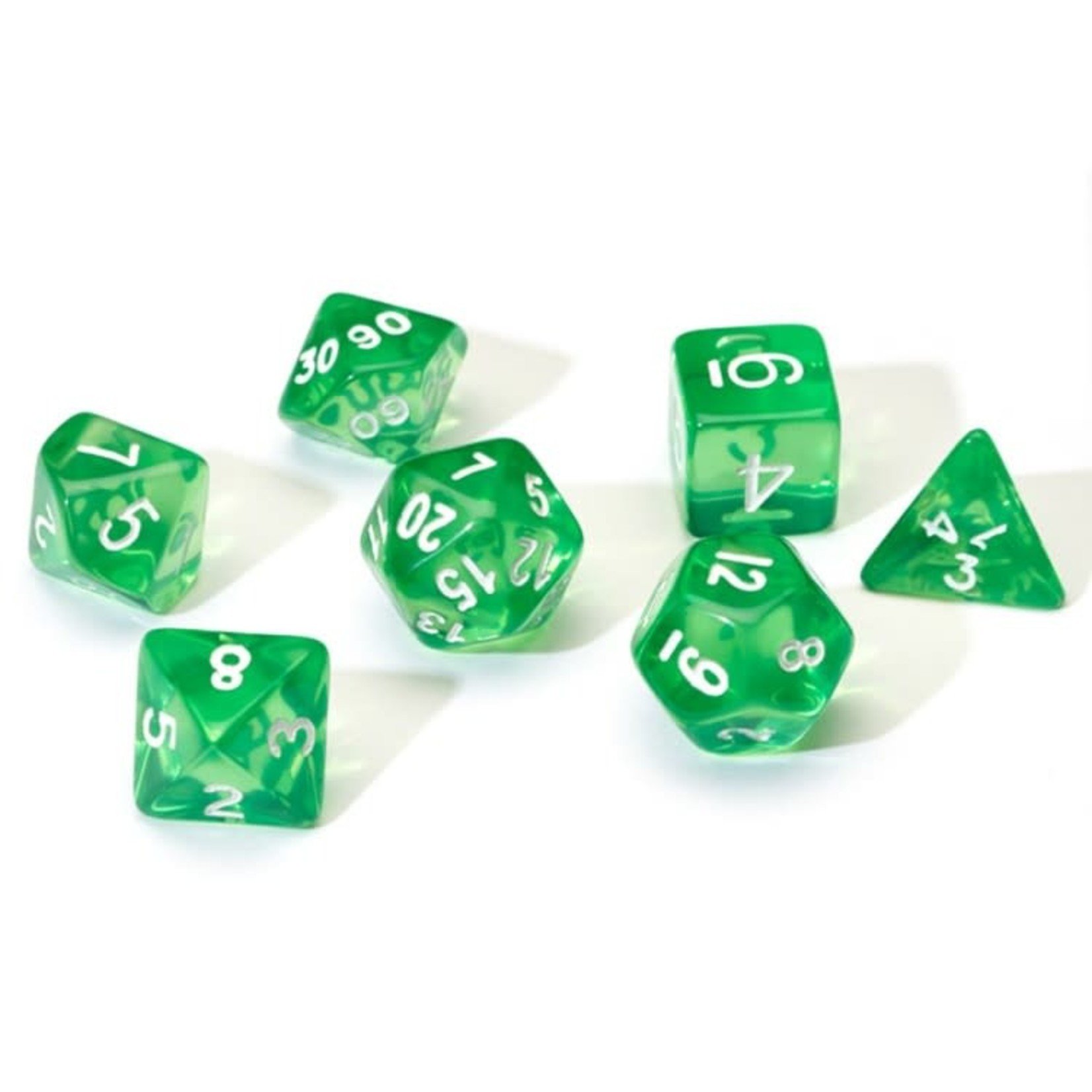 Sirius RPG Dice Translucent Green with White Polyhedral 8 die set