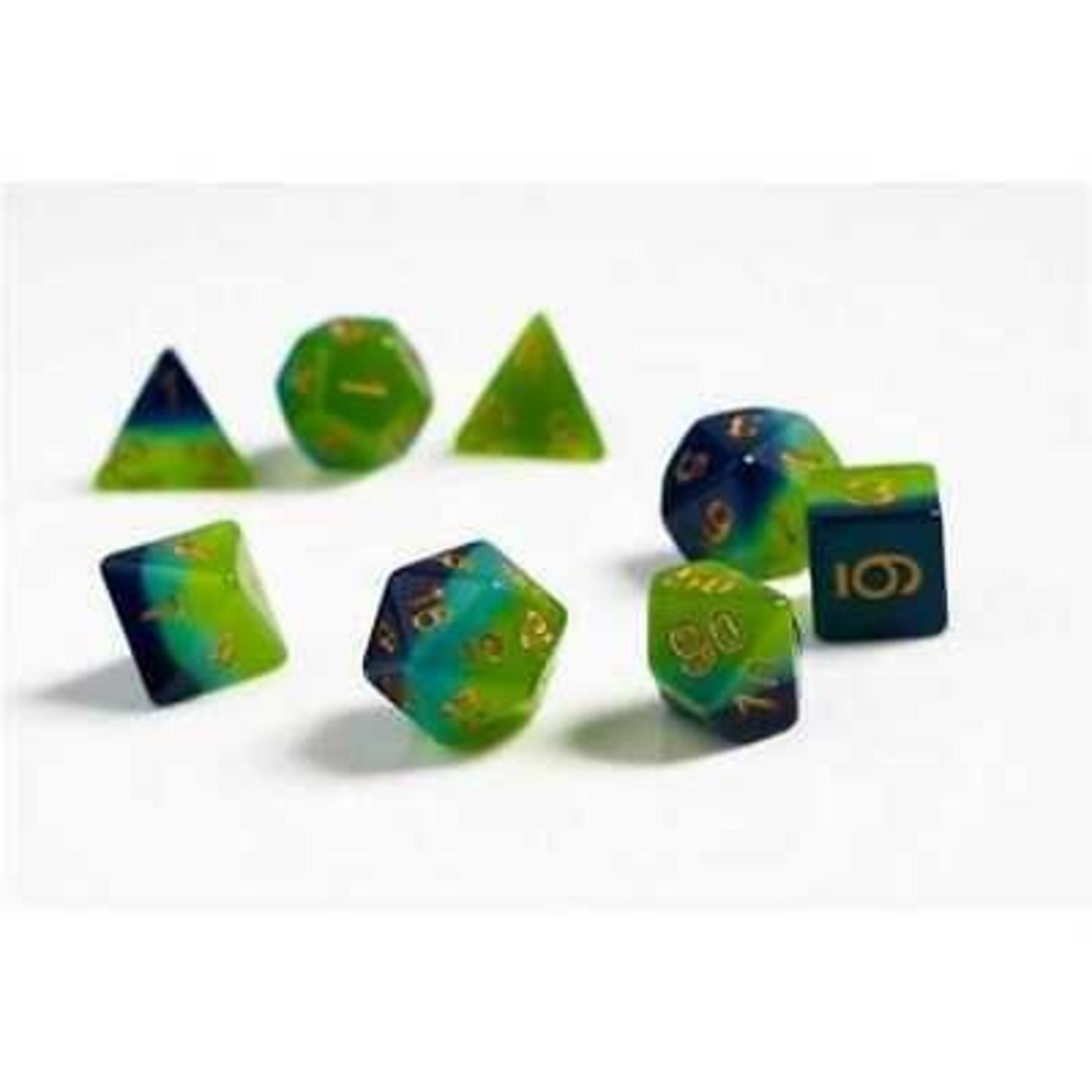 Sirius RPG Dice Translucent Green / Blue with Yellow Polyhedral 8 die set