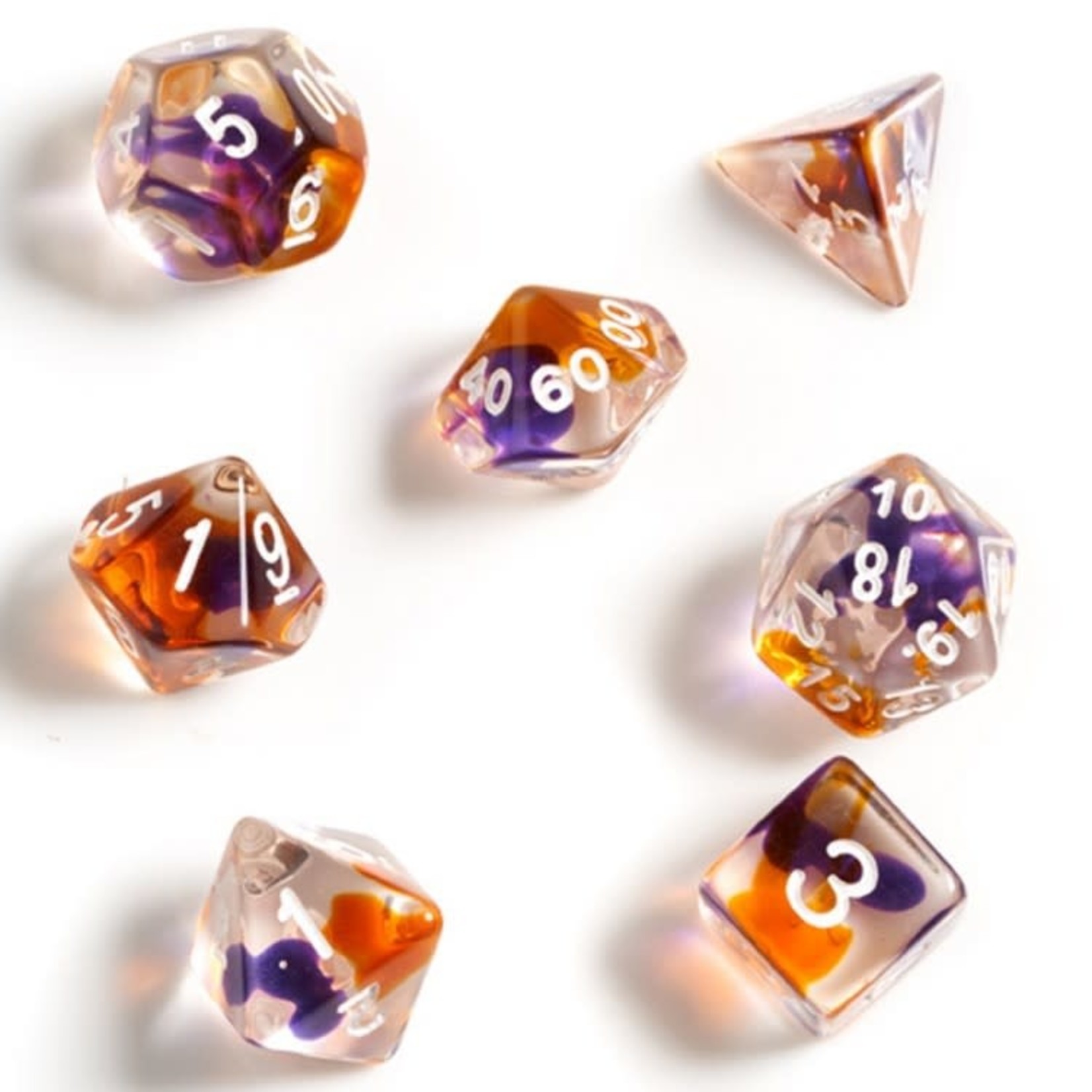 Sirius RPG Dice Purple / Orange / Clear with White Polyhedral 8 die set