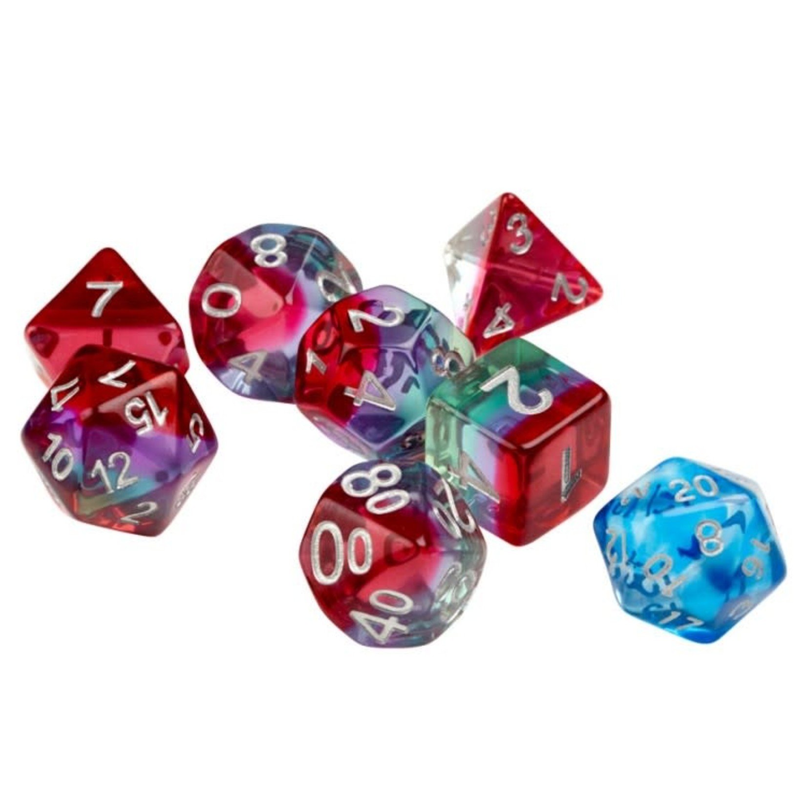 Sirius RPG Dice Watermelon Translucent Green / Pink with Silver Polyhedral 8 die set