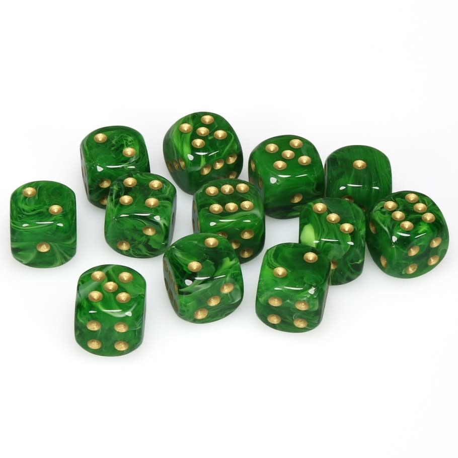Chessex Vortex Green with Gold 16 mm d6 12 die set - Guardian Games