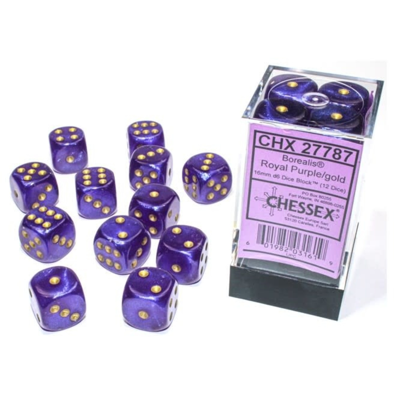 Chessex Chessex Borealis Royal Purple with Gold Luminary 16 mm d6 12 die set
