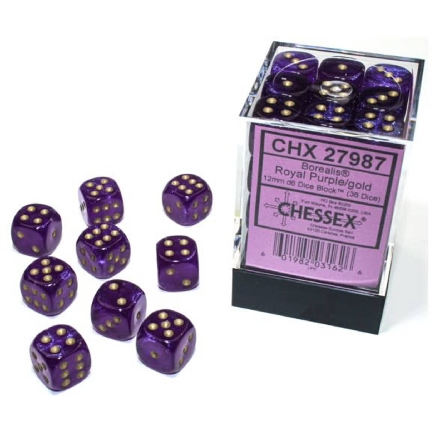 Chessex Chessex Borealis Royal Purple with Gold Luminary 12 mm d6 36 die set