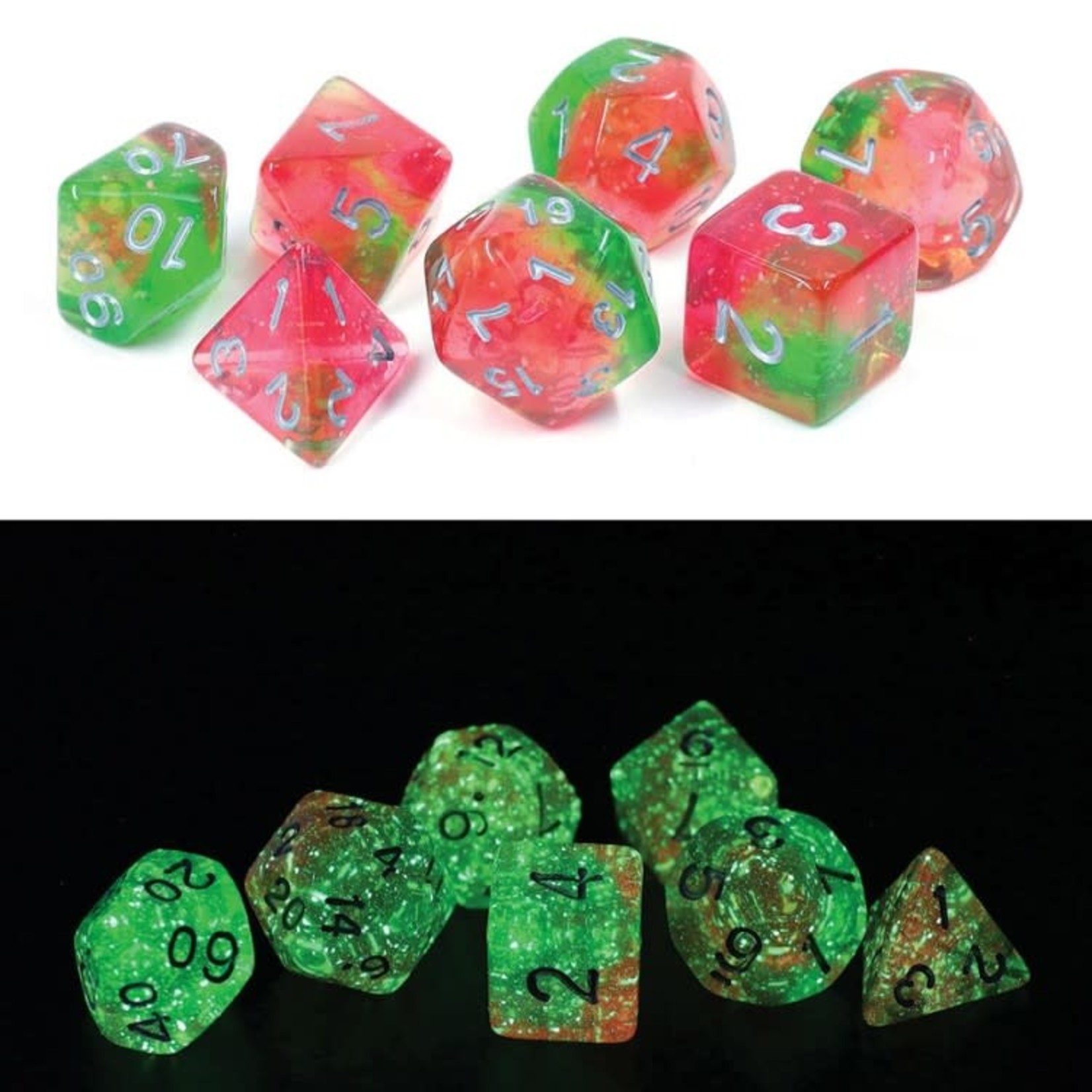 Sirius RPG Dice Glowworm Lotus Pink / Green with Silver Polyhedral 8 die set