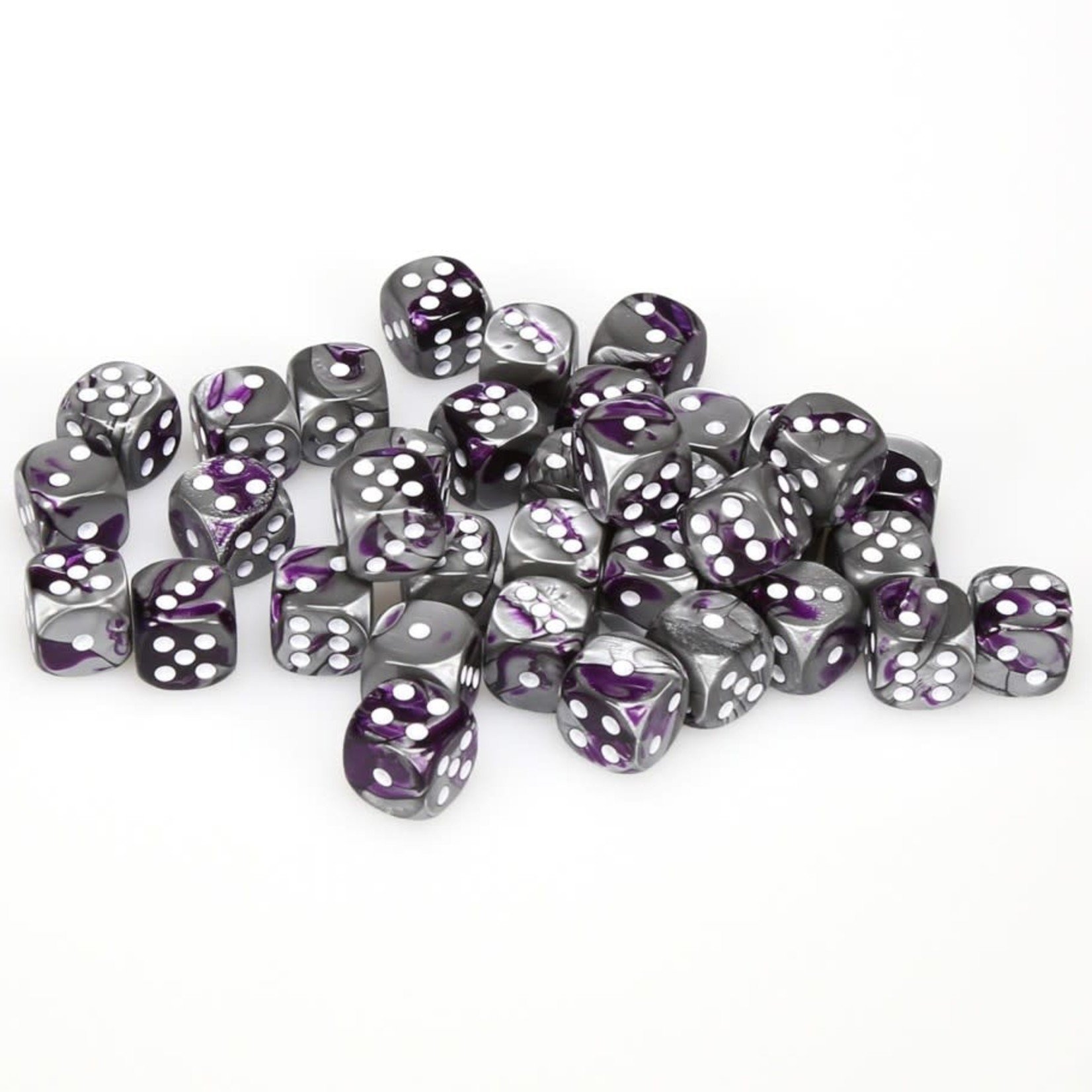 Chessex Chessex Gemini Purple / Steel with White 12 mm d6 36 die set