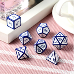 Dice Habit White with Blue Metal Polyhedral 7 die set