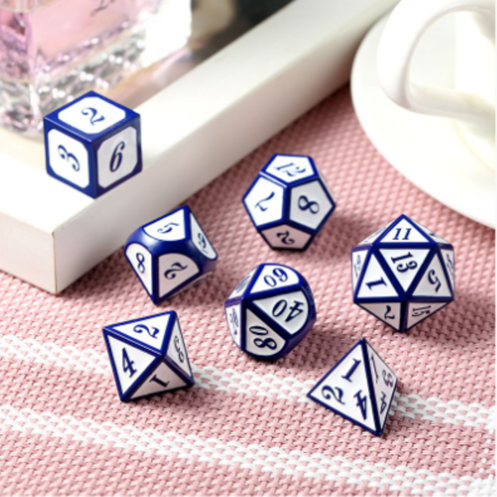 Dice Habit White with Blue Metal Polyhedral 7 die set