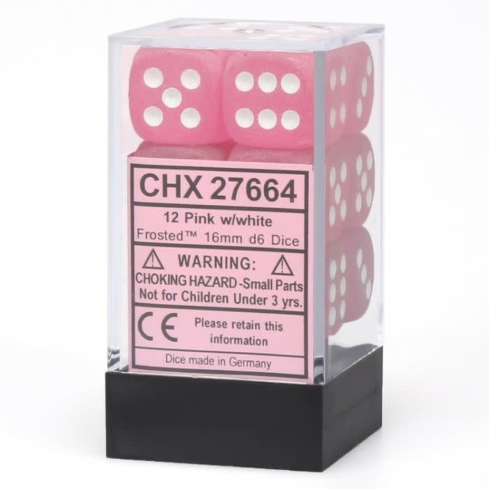 Chessex Chessex Frosted Pink with White Block 16 mm d6 12 die set