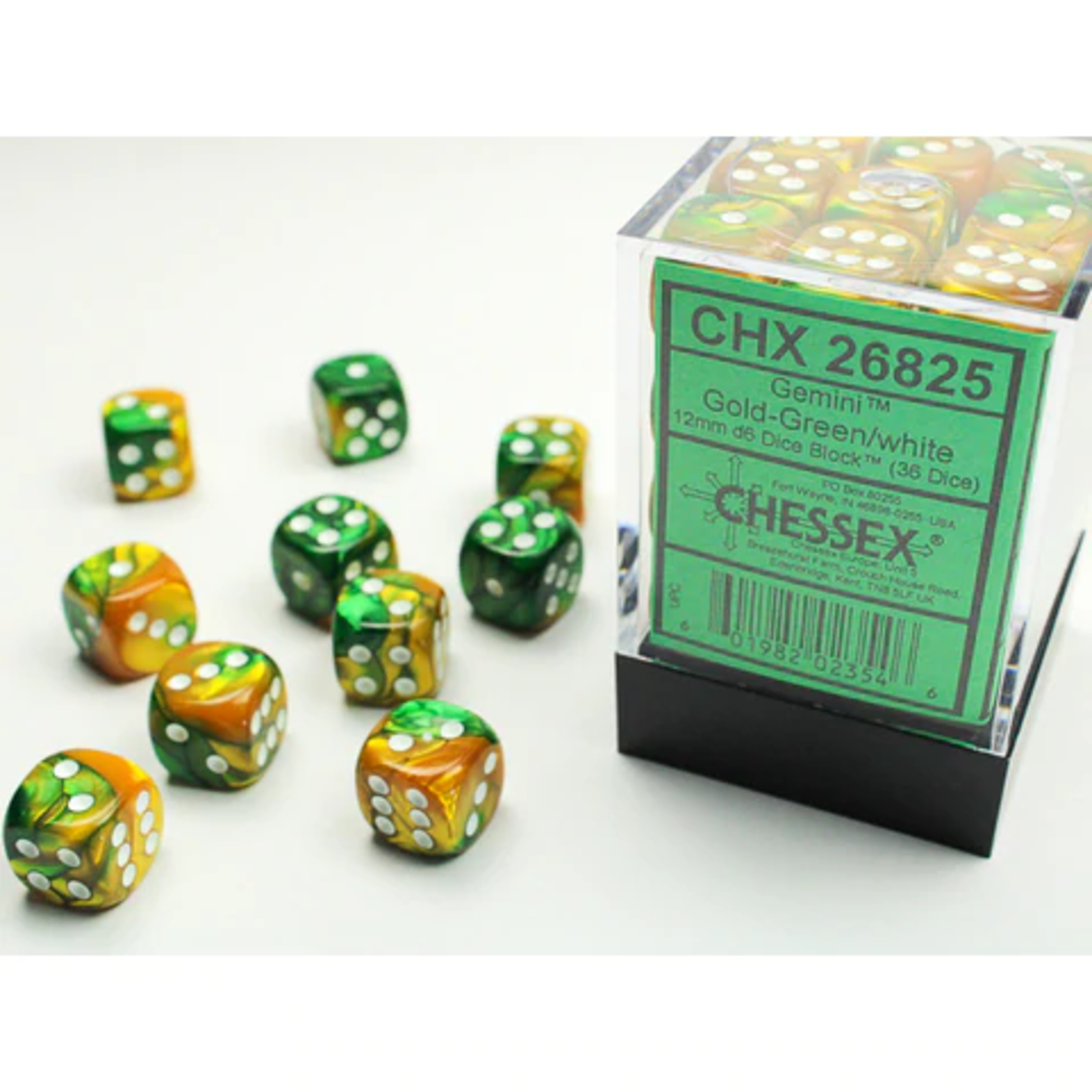 Chessex Chessex Gemini Gold / Green with White 12 mm d6 36 die set