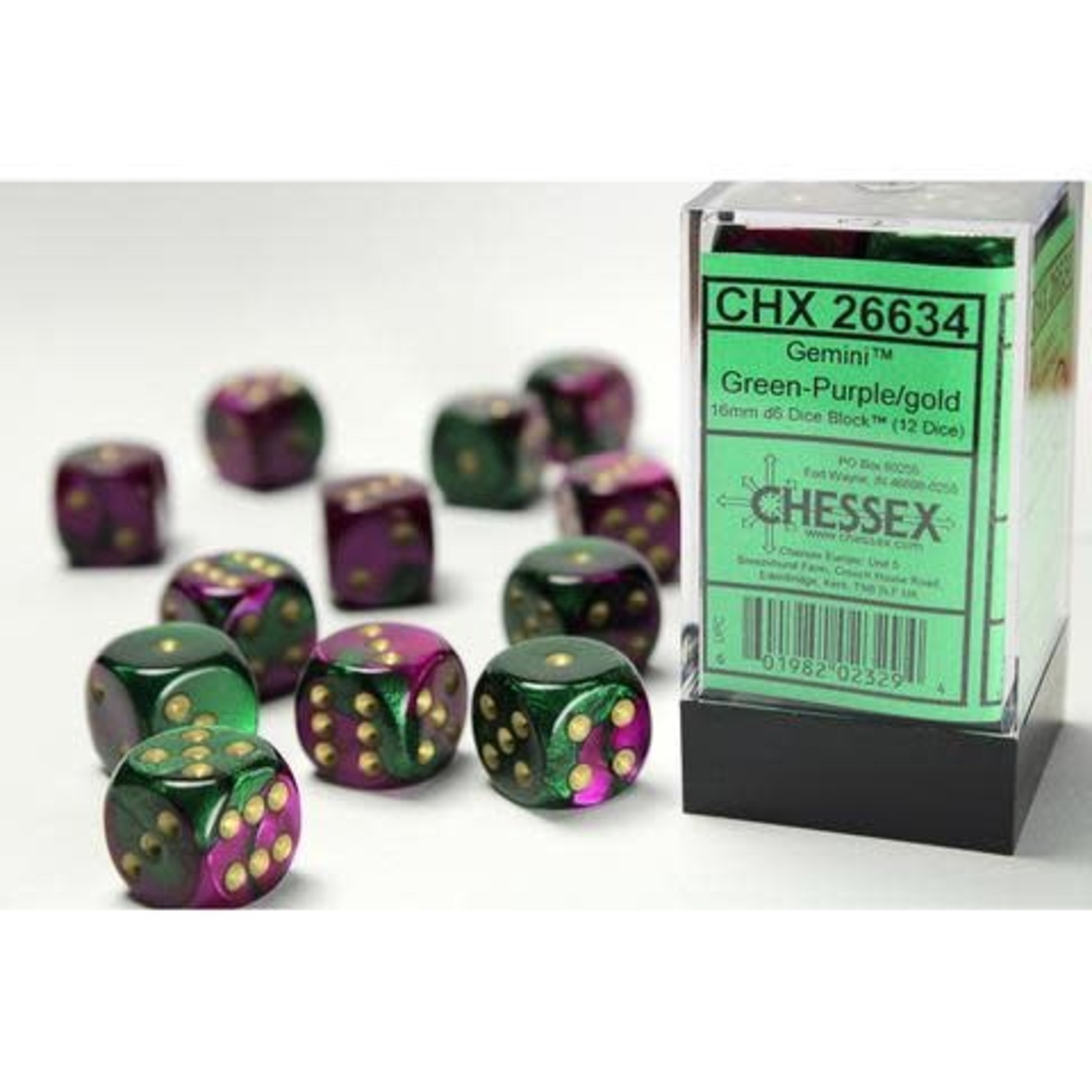 Chessex Chessex Gemini Green / Purple / Gold with Black 16 mm d6 12 die set
