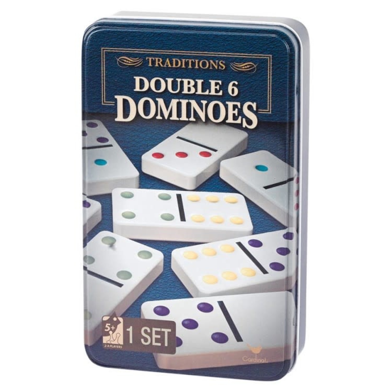 Spin Master Cardinal Traditions Double 6 Dominoes Colored Dots in Tin