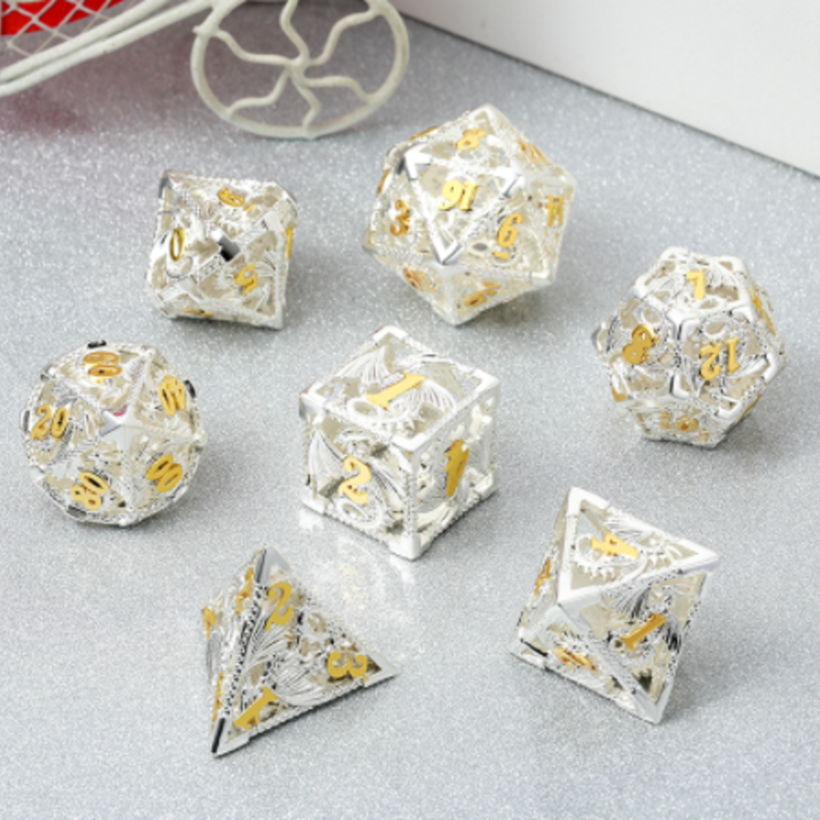 Dice Habit Hollow Dice Set Dragon Silver Polyhedral 7 die set