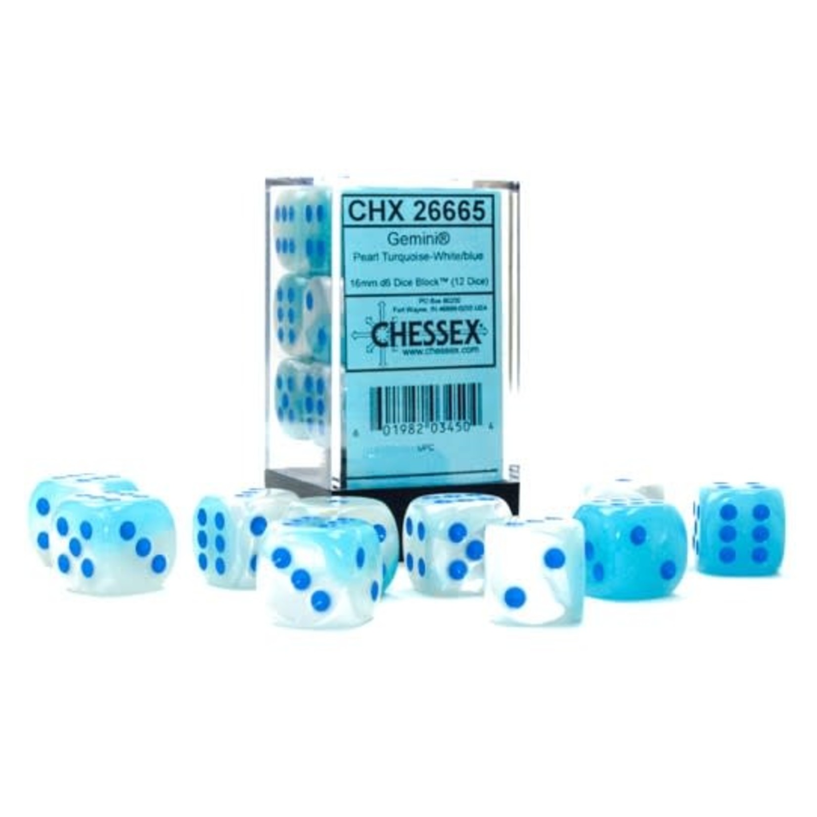 Chessex Chessex Gemini Pearl Turquoise / White with Blue Luminary 16 mm d6 12 die set