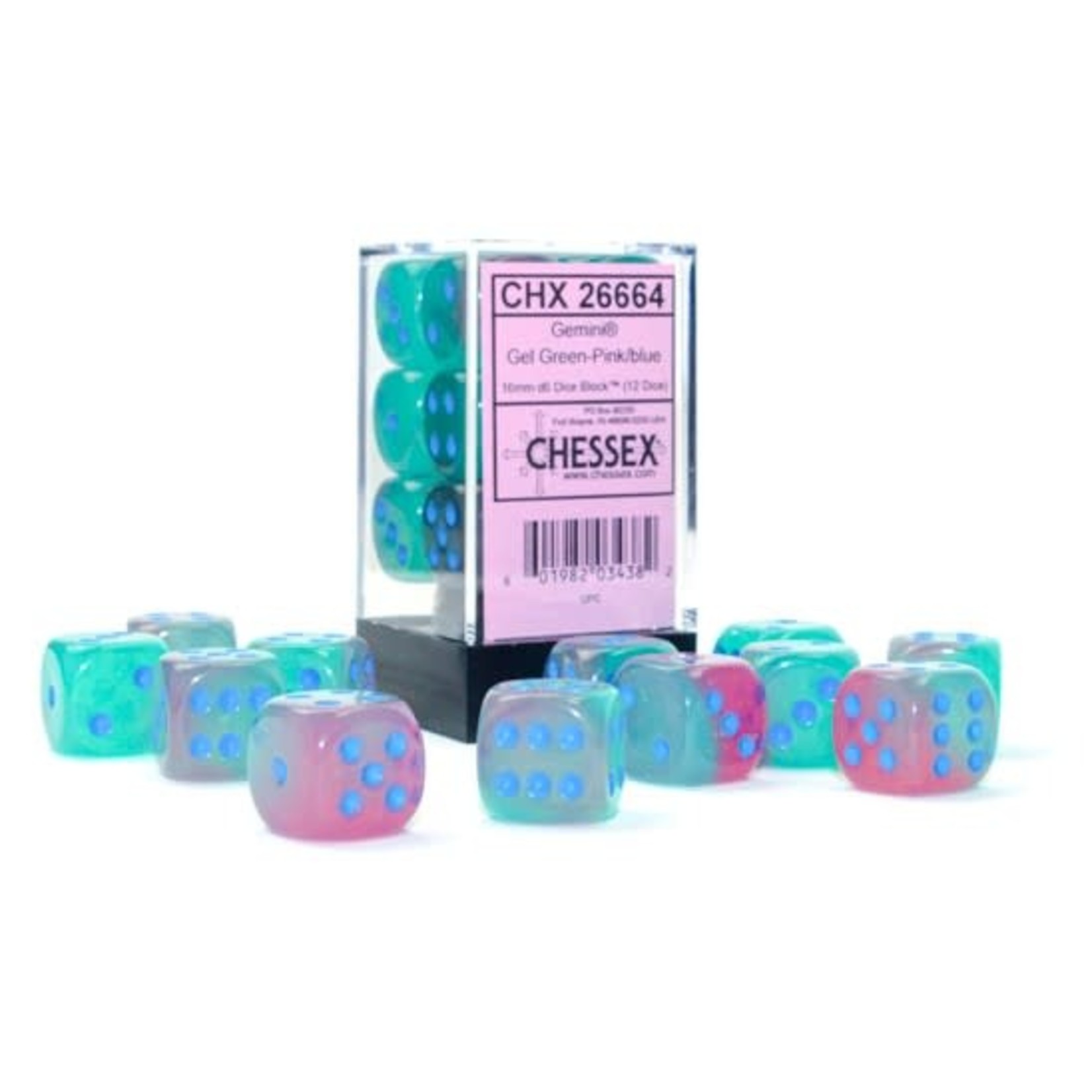 Chessex Chessex Gemini Gel Green / Pink with Blue Luminary 16 mm d6 12 die set