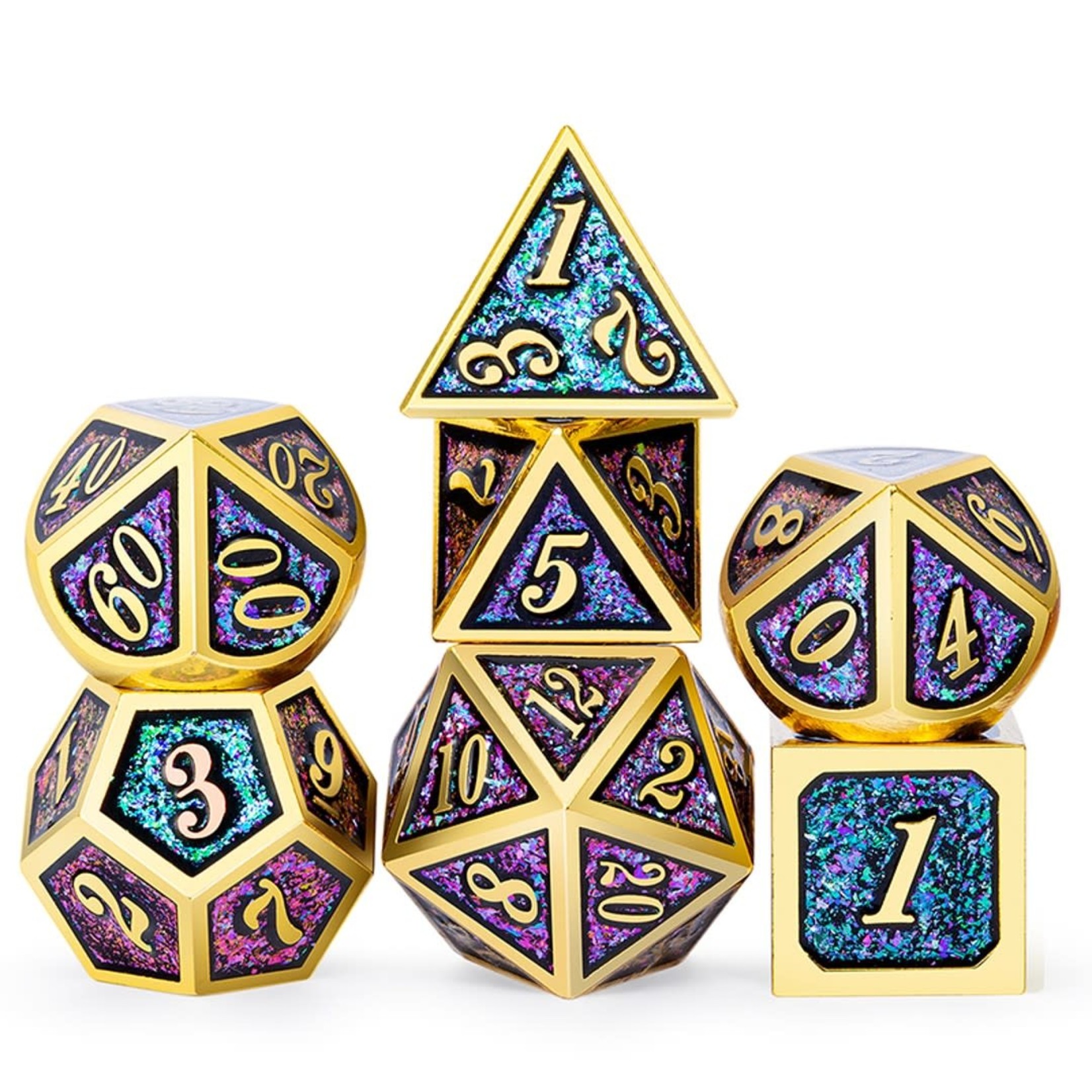 Dice Habit Carnival Sparkle Blue / Purple / Green with Gold Polyhedral 7 die set