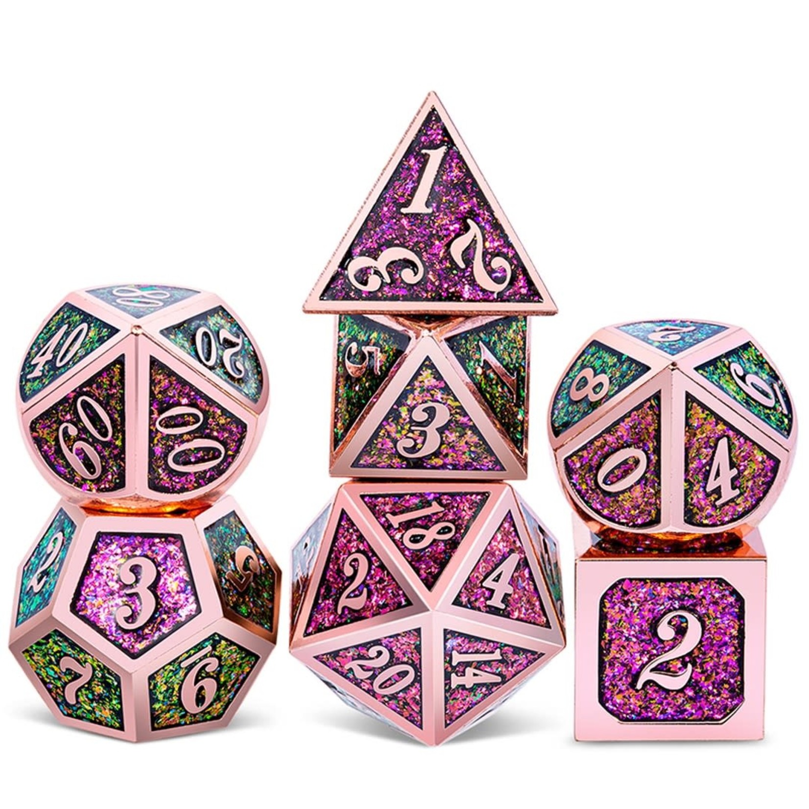 Dice Habit Lizard Sparkle Purple with Rose Gold Polyhedral 7 die set