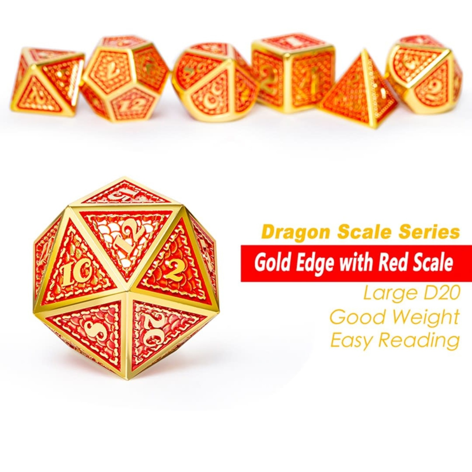 Dice Habit Phoenix Orange with Gold Metal Polyhedral 7 die set