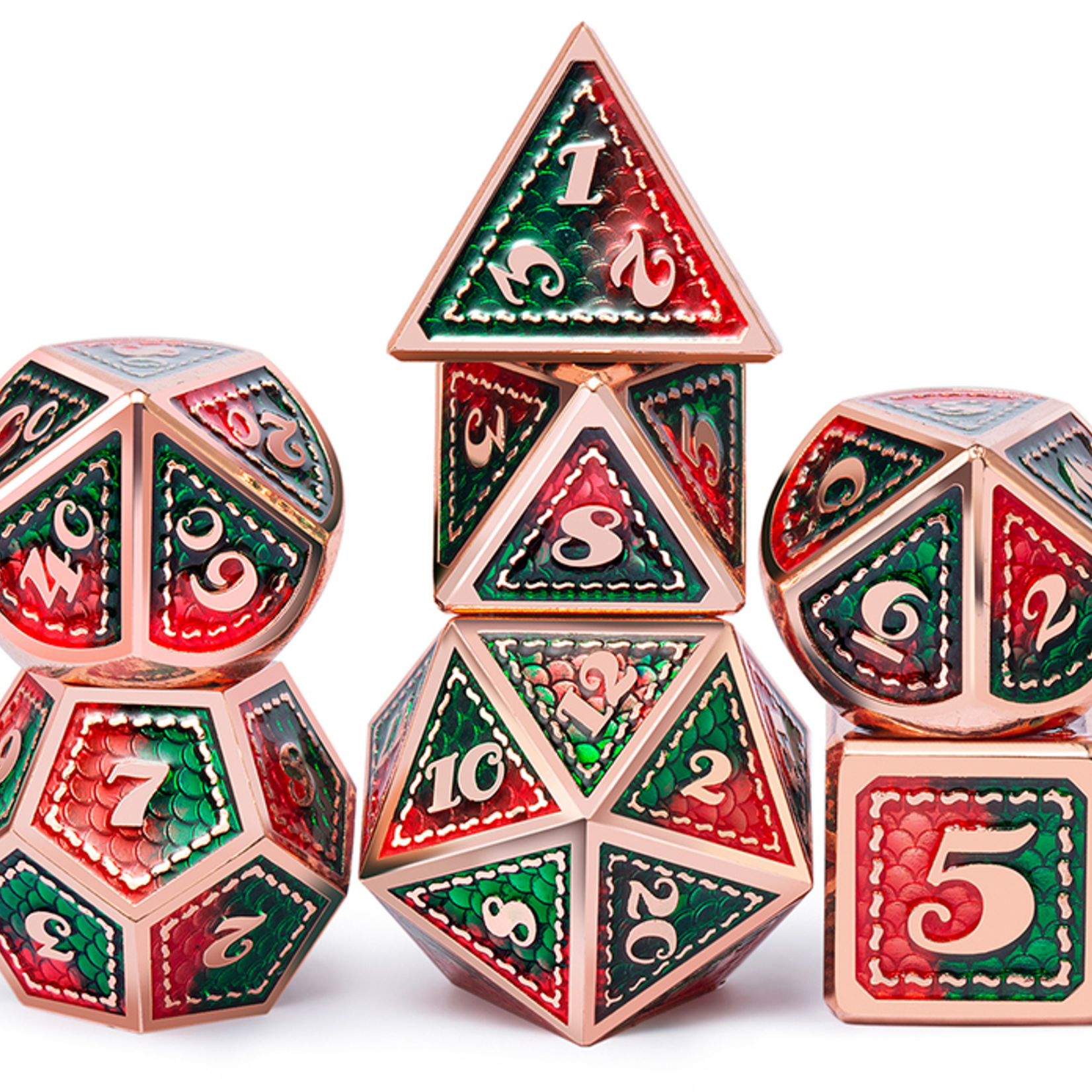 Dice Habit Quetzal Red / Green with Gold Metal Polyhedral 7 die set