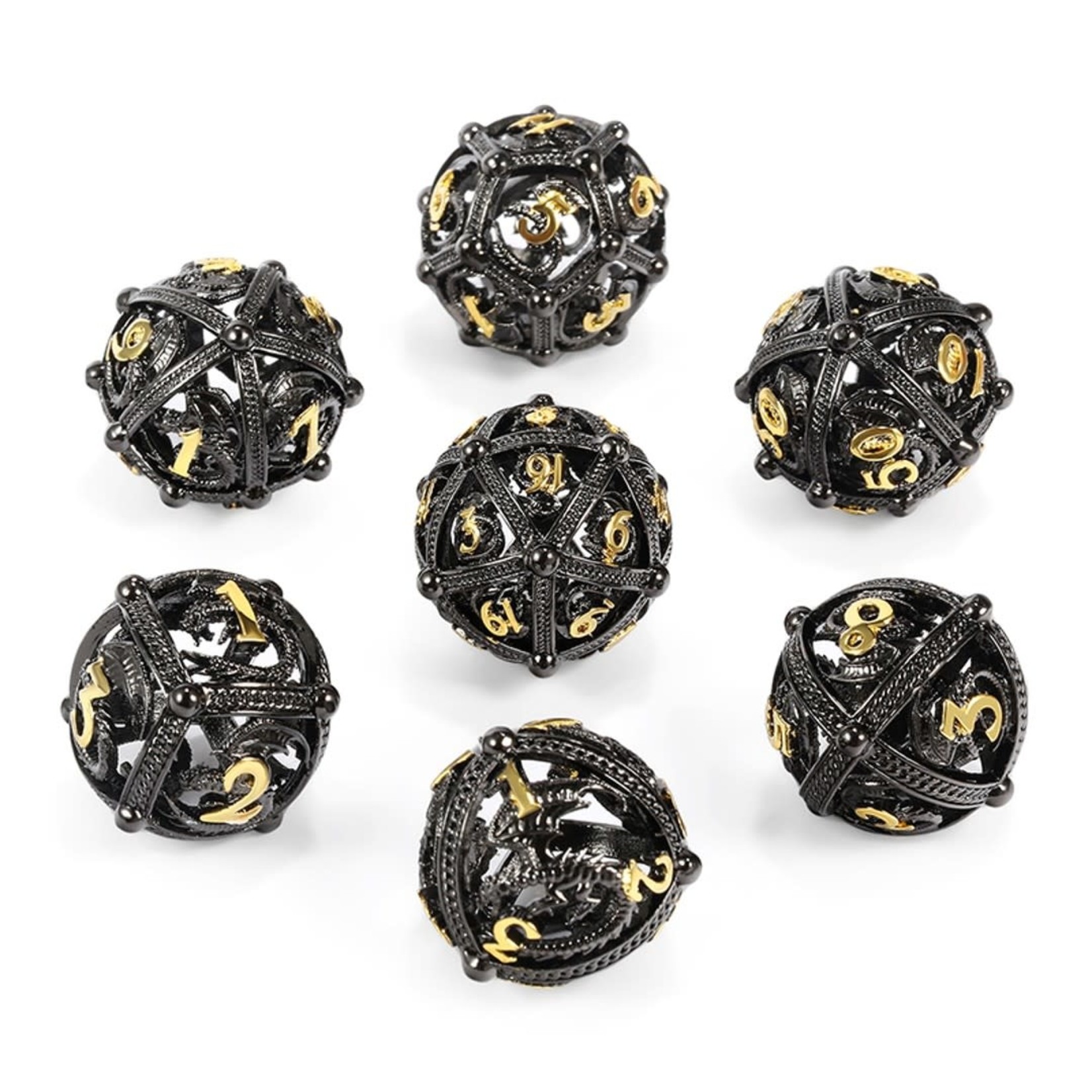 Dice Habit Hollow Orb Dice Set Dragon Black and Gold Polyhedral 7 die set