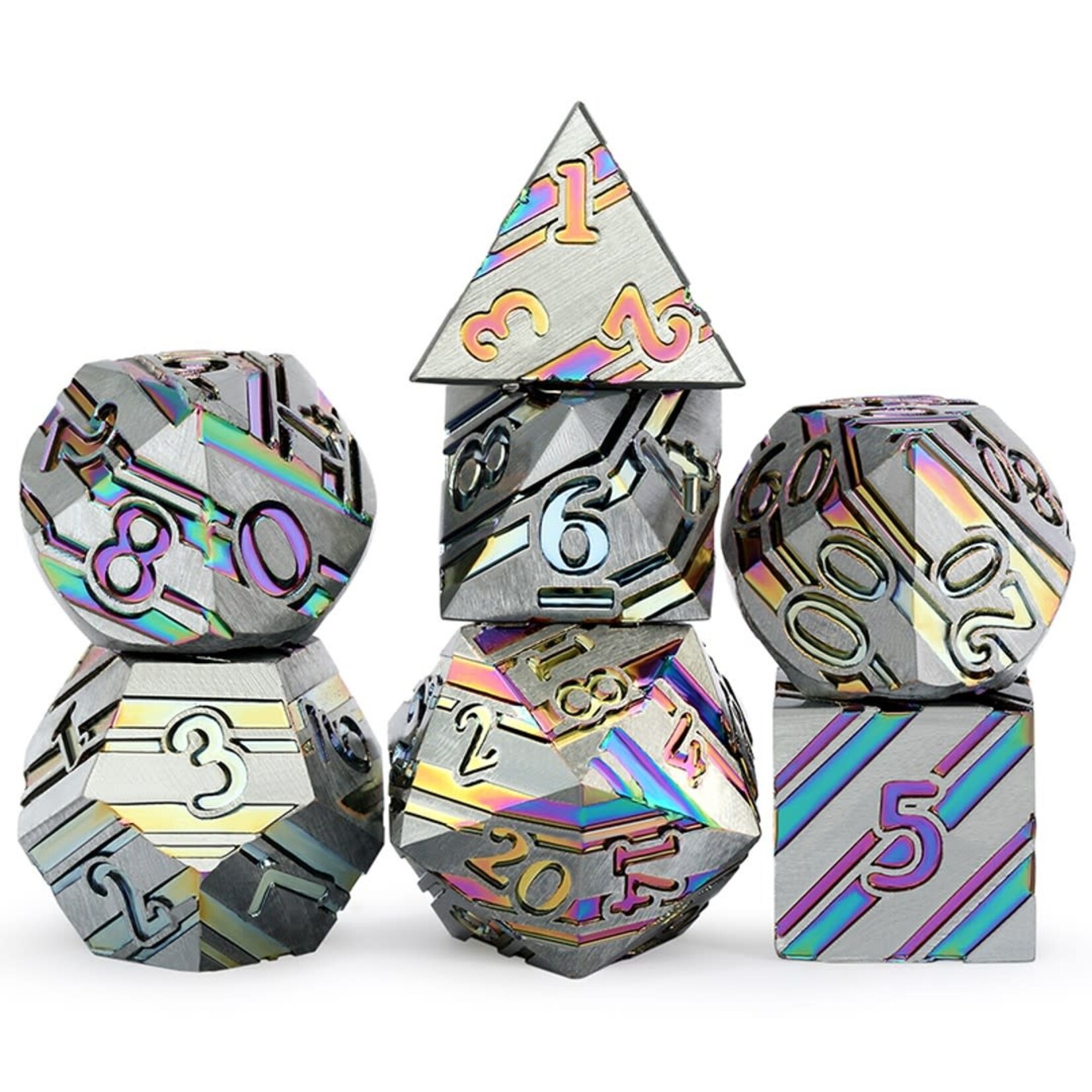 Dice Habit Stripe Dice Metallic Rainbow Metal Enamel Polyhedral 7 die set