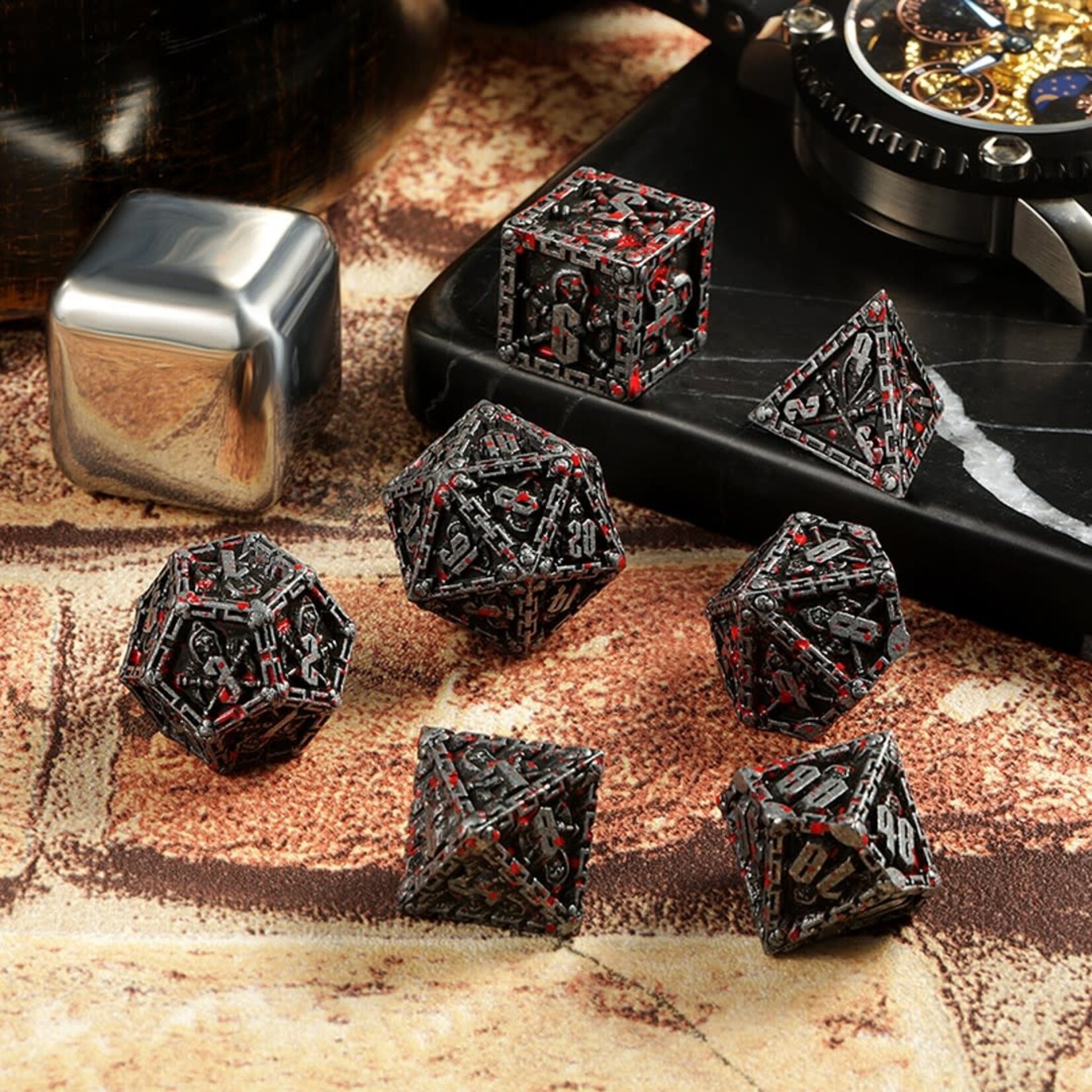 Dice Habit Reaper Blood and Iron Metal Enamel Polyhedral 7 die set