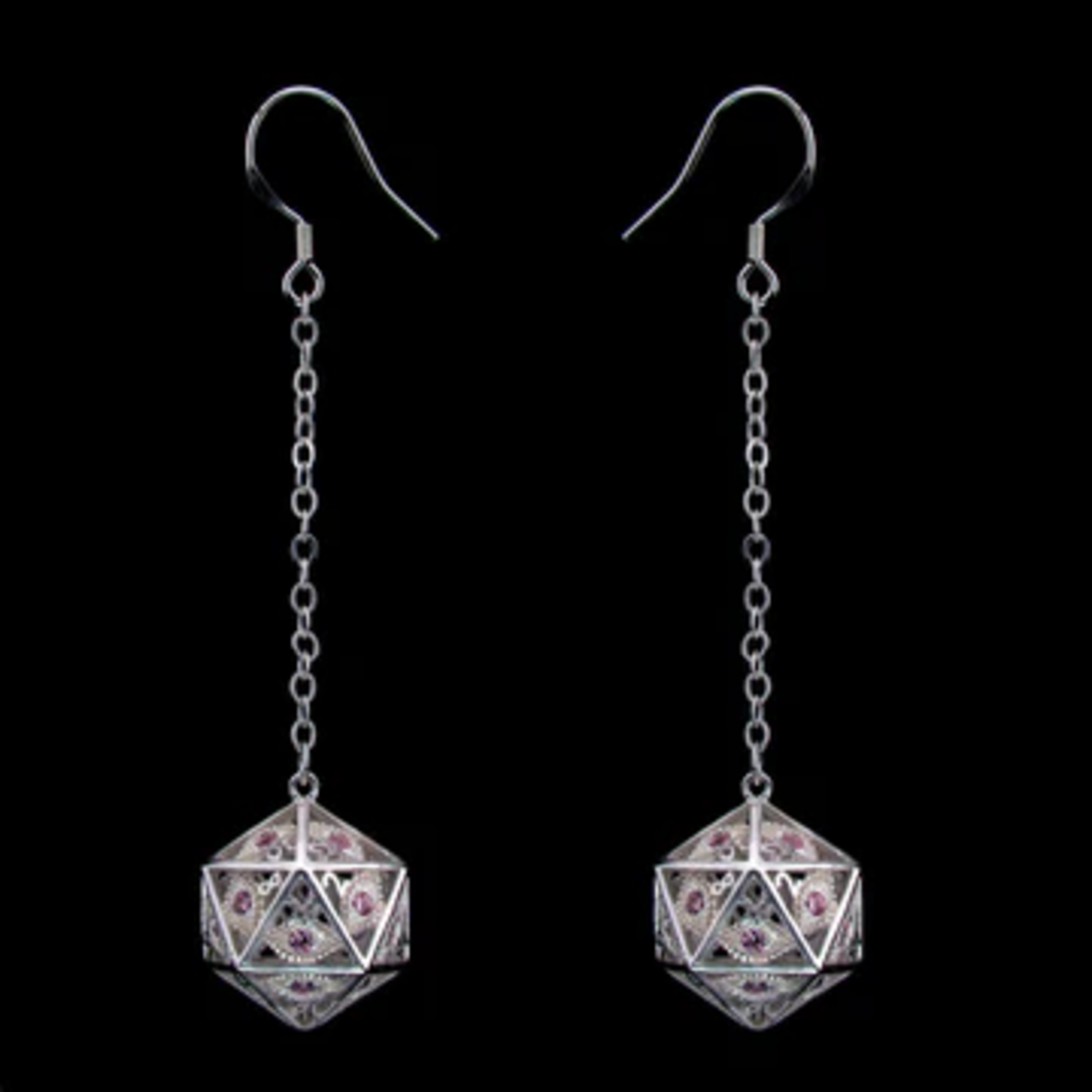 HYMGHO Dragon's Eye d20 Earrings Silver with Pink Gems