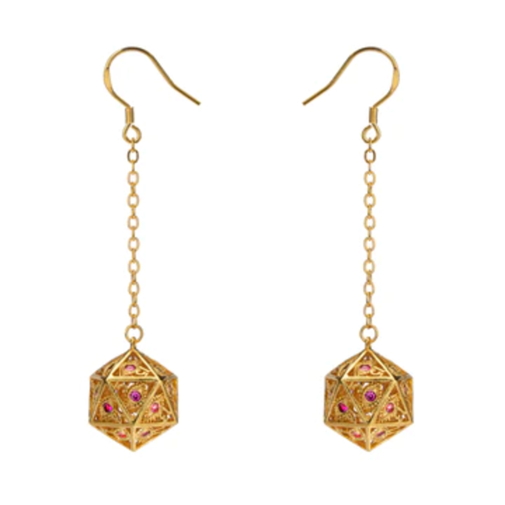 HYMGHO Dragon's Eye d20 Earrings Gold with Red Gems