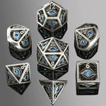 HYMGHO Hymgho Hollow Dragon's Eye Ancient Silver w/ Blue Gems Polyhedral 7 die set