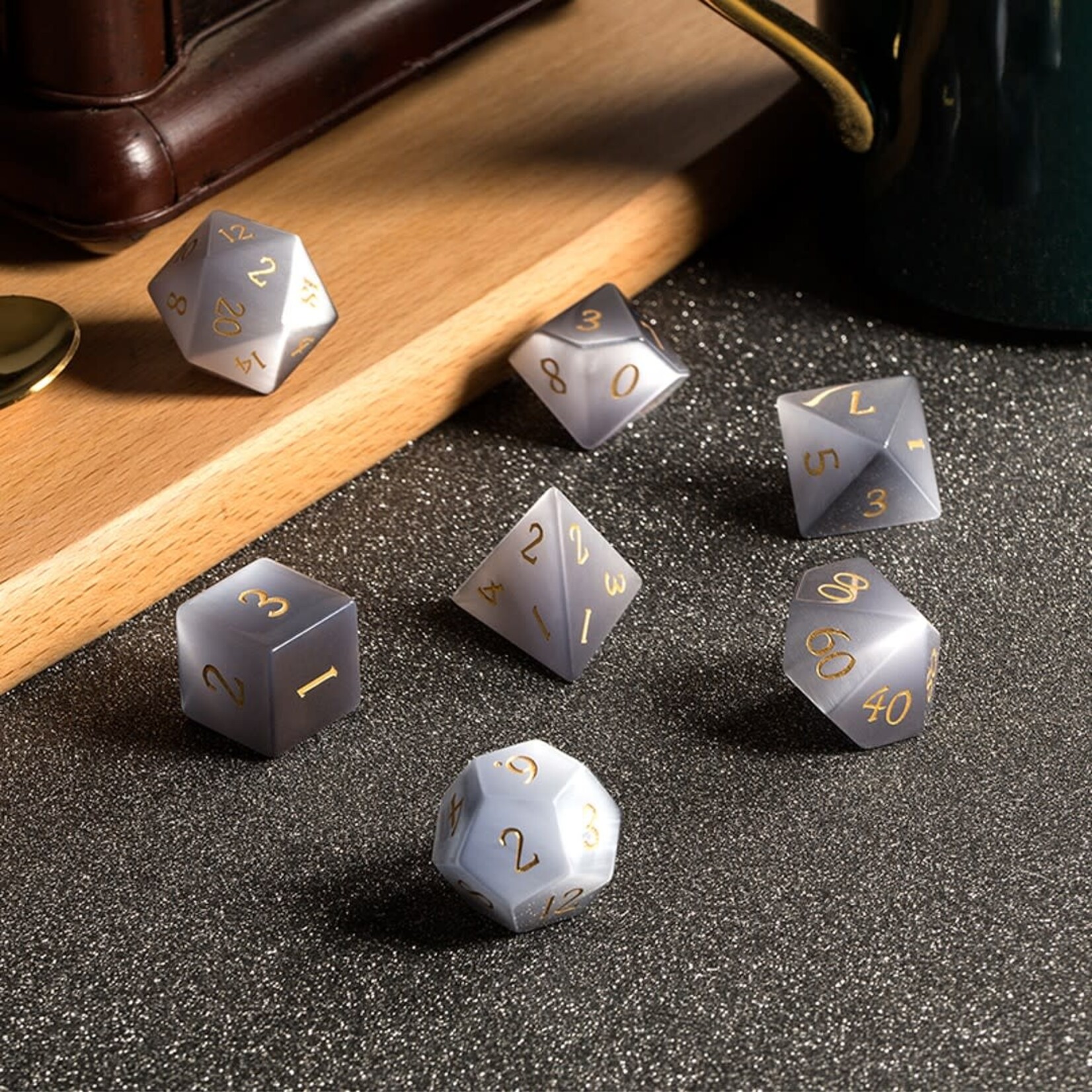 Dice Habit Gemstone Grey Cat's Eye Synthetic Polyhedral 7 die set