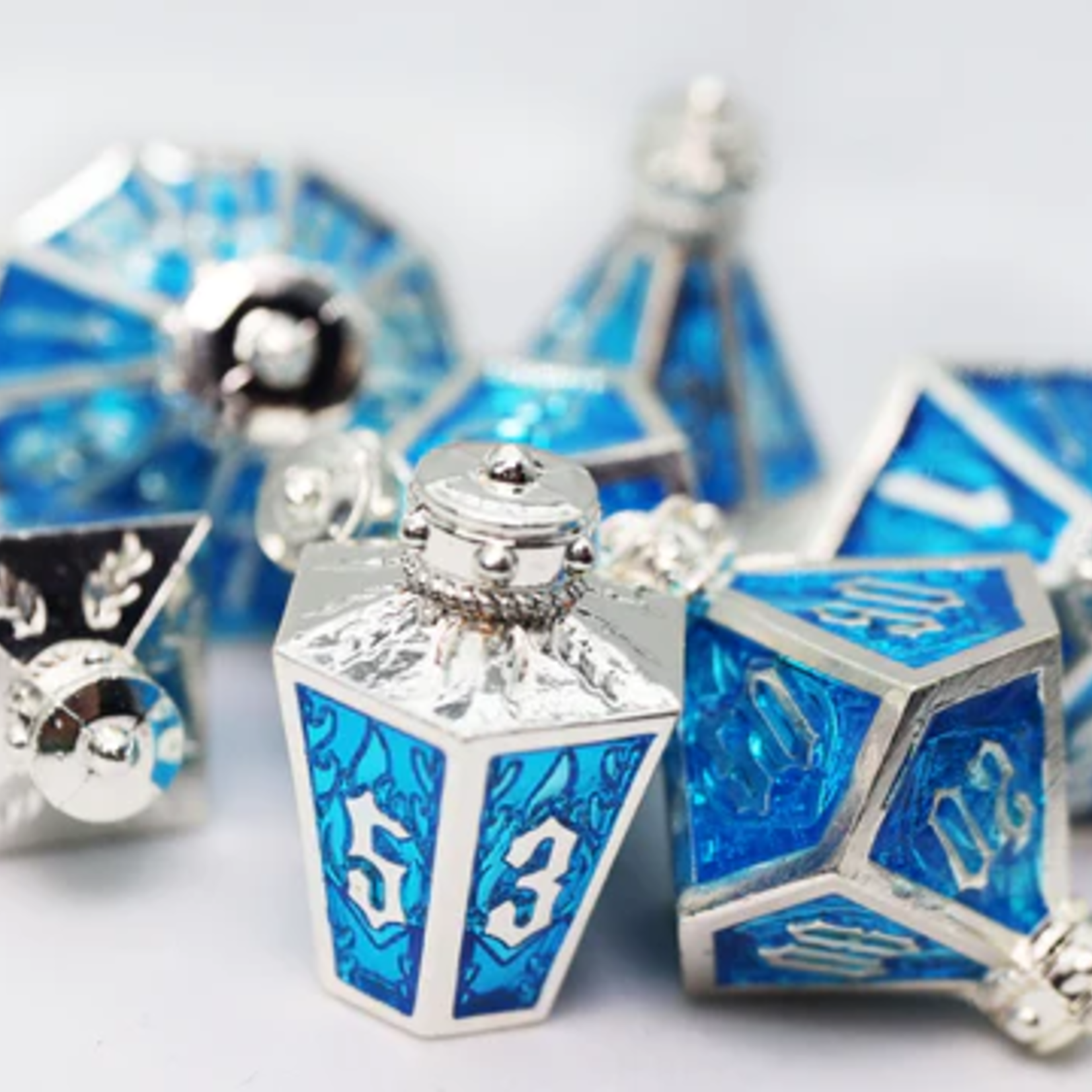 Foam Brain Games Moonlit Lantern Silvered Frostfire Metal RPG dice 7 die set