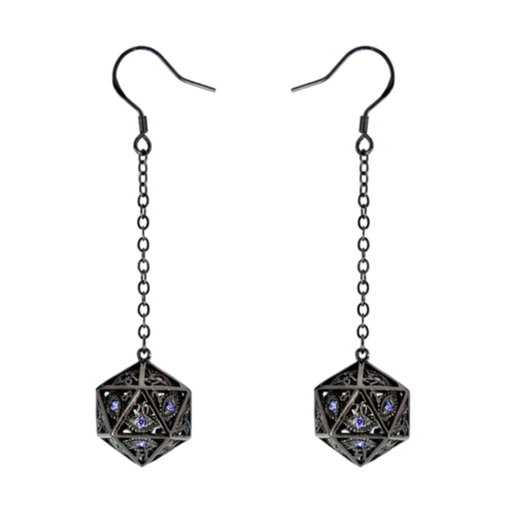 HYMGHO Dragon's Eye d20 Earrings Gunmetal w/ Purple Gems