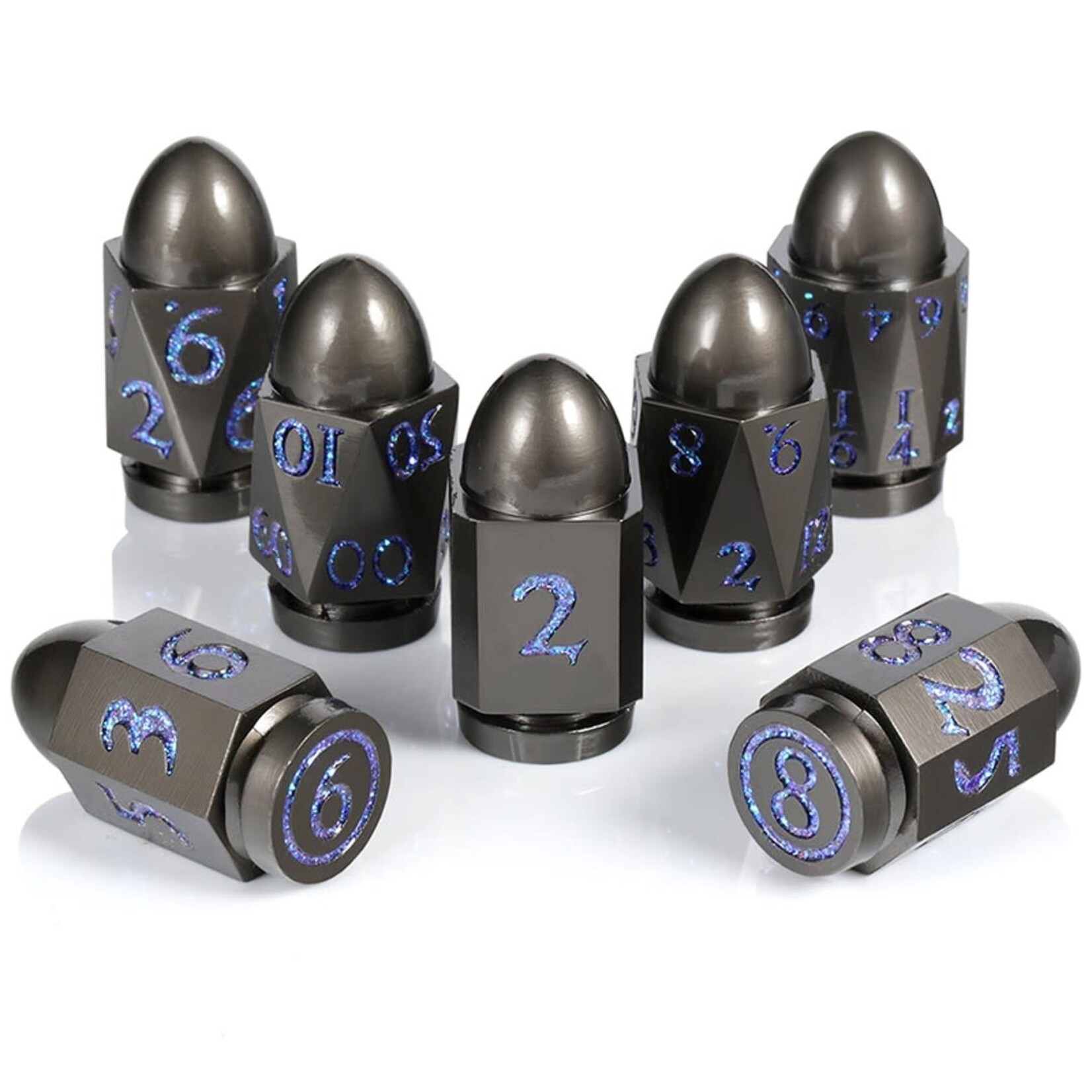 Dice Habit Bullet Blue and Gunmetal Metal and Enamel Polyhedral 7 die set