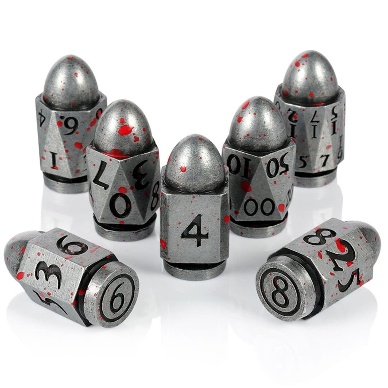 Dice Habit Bullet Blood and Iron Metal and Enamel Polyhedral 7 die set