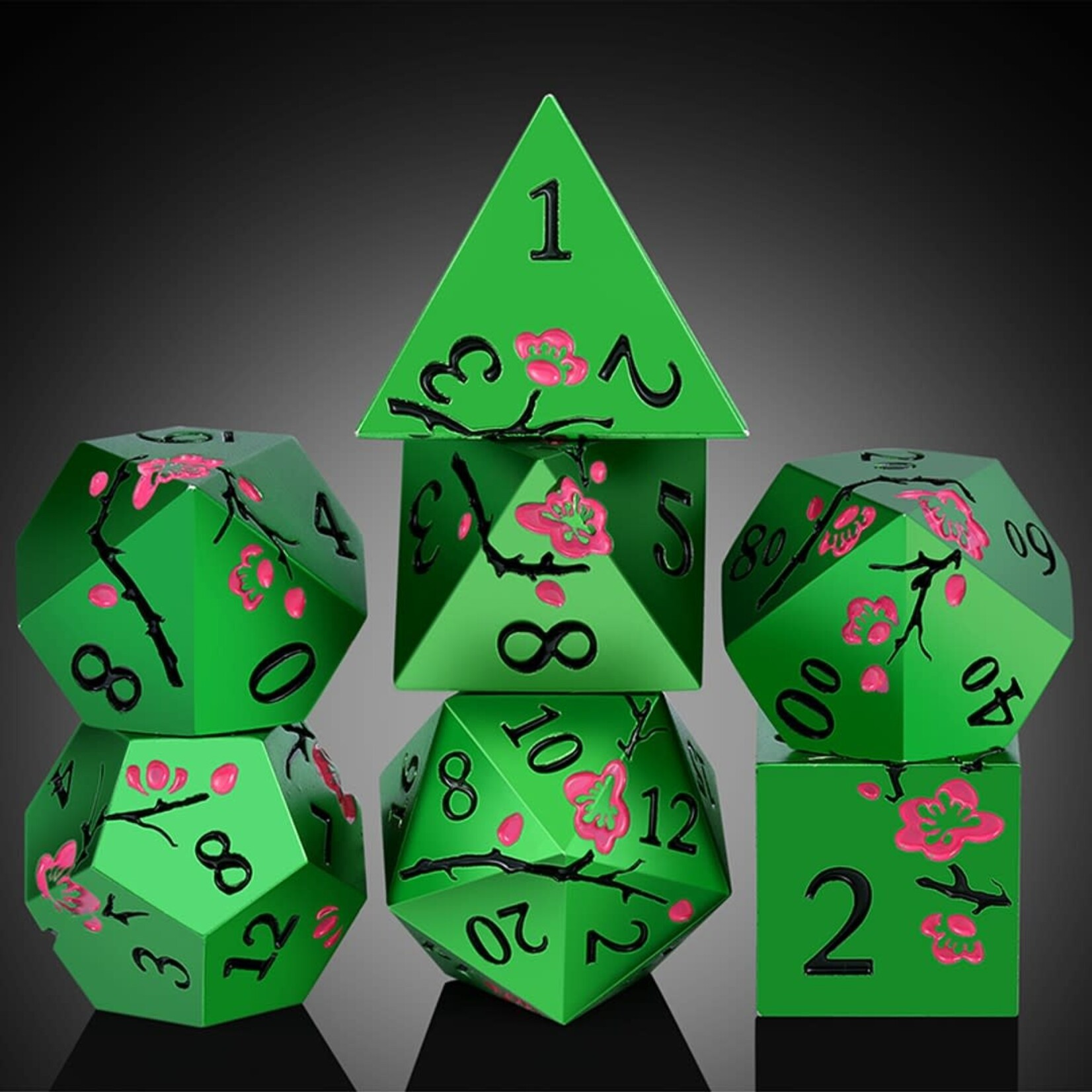 Dice Habit Sakura Green and Pink Metal and Enamel Polyhedral 7 die set